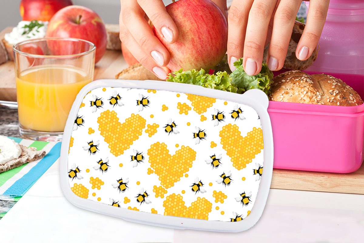 Valentinstag Kunststoff, MuchoWow (2-tlg), Kinder, - Brotdose - Biene Kunststoff Honig, für Erwachsene, Snackbox, Brotbox Lunchbox Mädchen, rosa