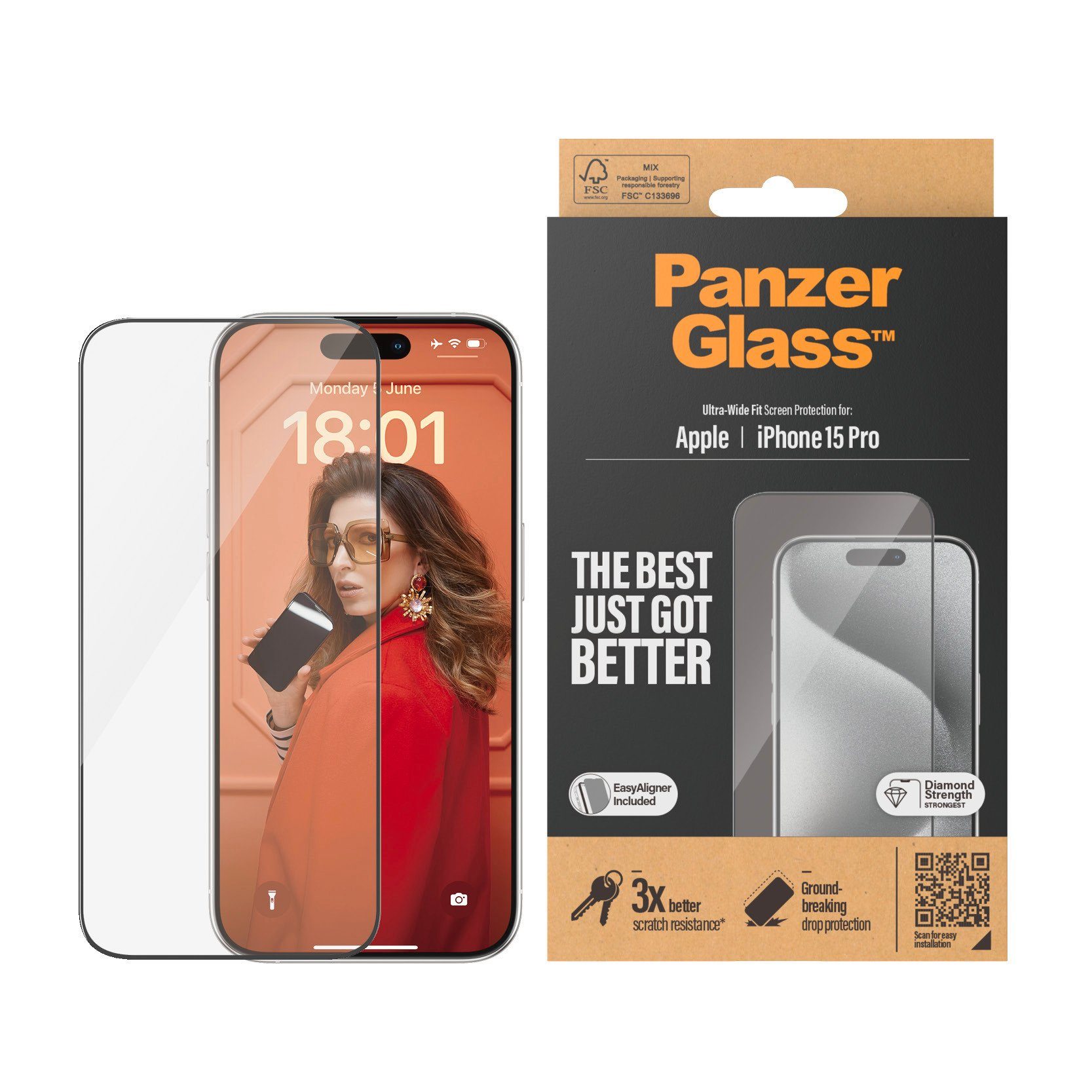 PanzerGlass Displayschutzglas Screen Protector Glass für iPhone 15 Pro, Ultra Wide Fit