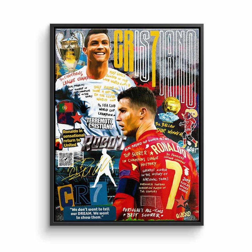DOTCOMCANVAS® Leinwandbild, Leinwandbild Rahmen CR7 Ronaldo Art schwarzer Cristiano Pop Collage DOTCOMCANVAS