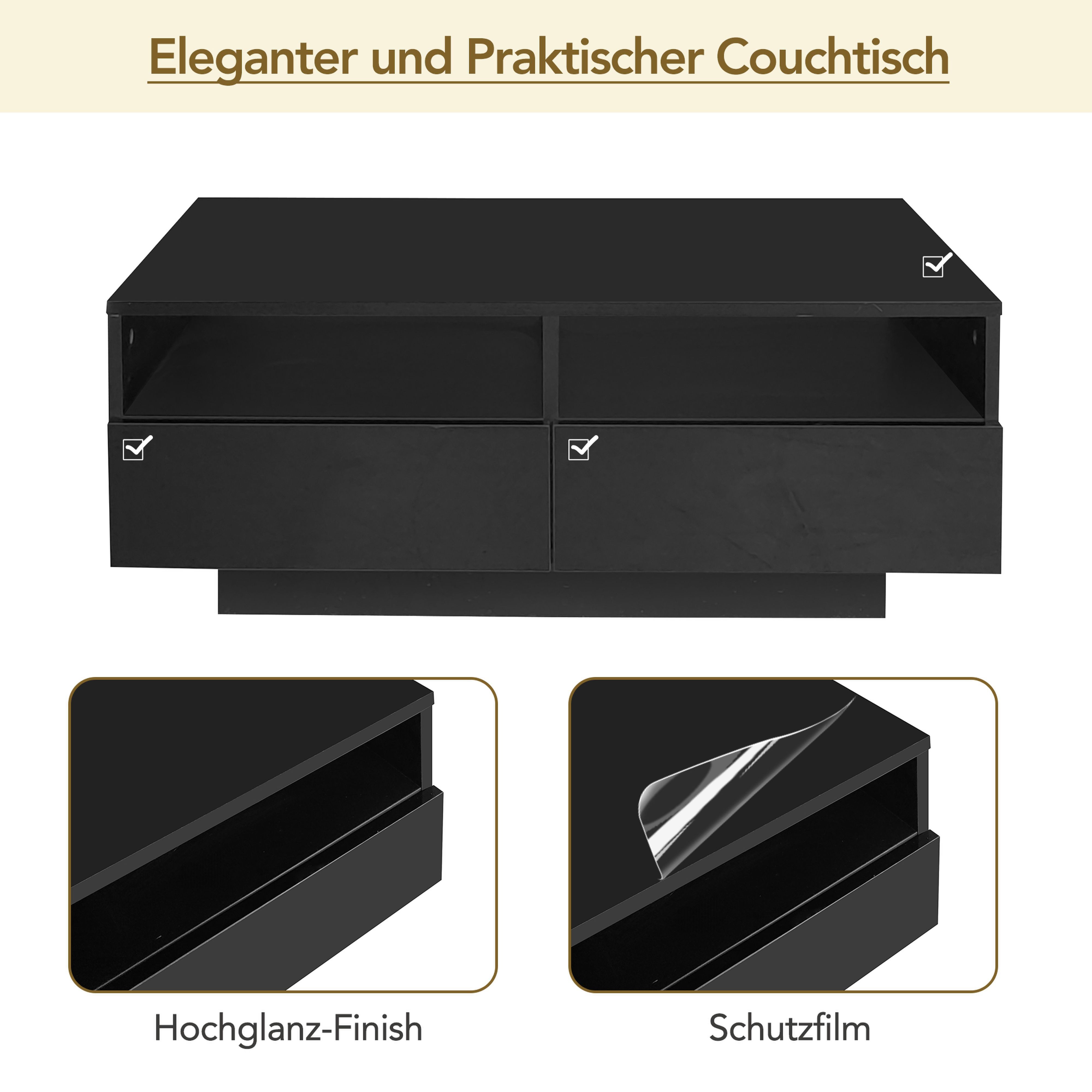 BlingBin Couchtisch LED Hochglanz Couchtisch mit 4 Schubladen, Sofatisch, Wohnzimmertisch (1er Set, 1-St., Belastba: 30kg; USB-Schnittstelle Lichtleiste mit Fernbedienung), Modern Center Table mit 16 Farben LED Lichter für Wohnzimmer