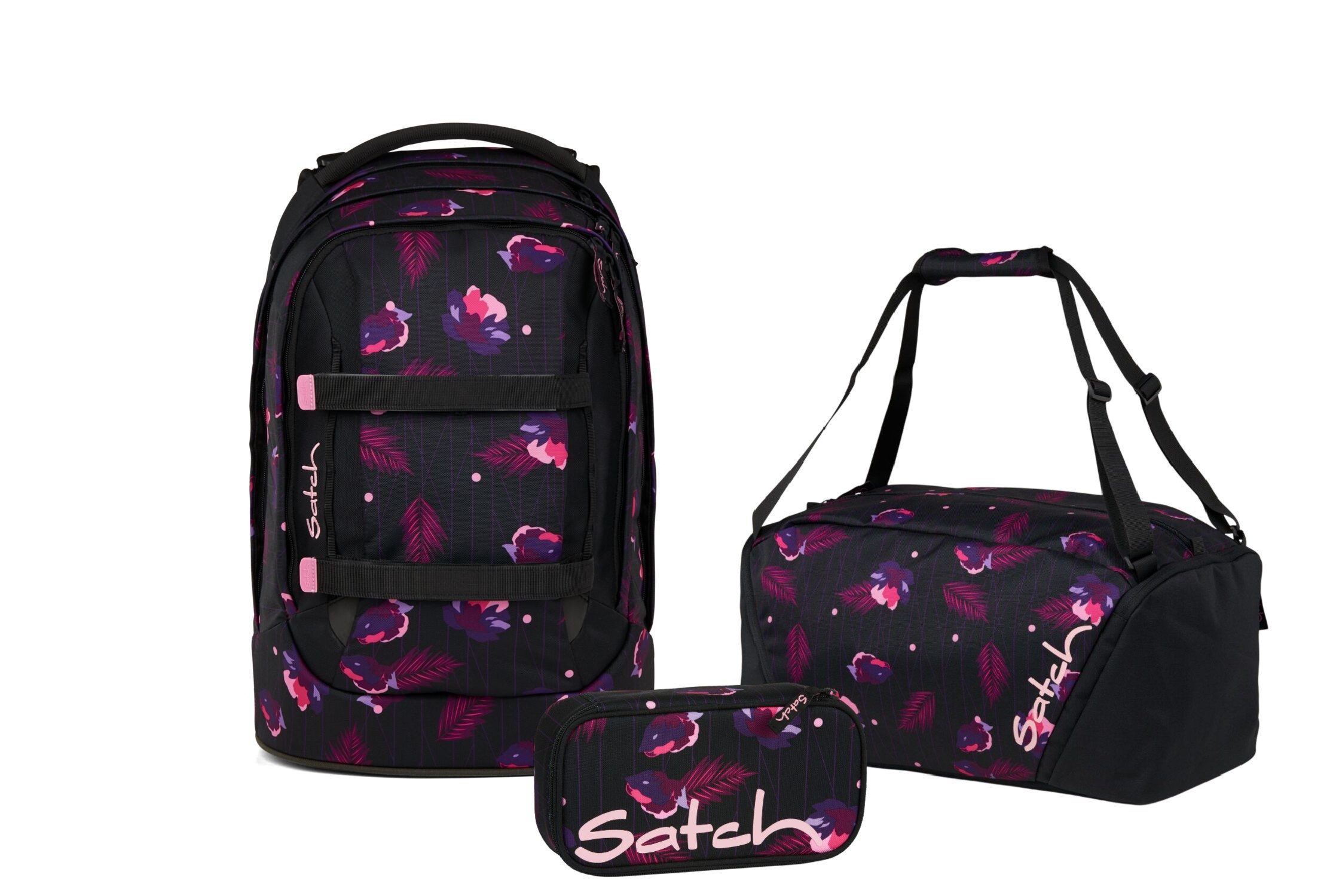 Satch Schulranzen Schulrucksack-Set PACK Mystic Nights 3-teilig (3-teilig), ergonomisch, Your-Size-System: auf Körpergröße anpassbar