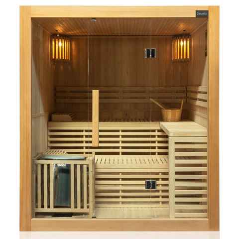 Dewello Sauna SARNIA 180 Finnische Sauna, bis zu 4 Personen, Saunaofen, Harvia 6KW, BxTxH: 180 x 140 x 200 cm, (inkl. 4-teiligem Sauna-Set, schaltbare Beleuchtung, inkl. 6KW HARVIA Ofen (BC60) mit passenden Lavasteinen) Sauna aus Hemlock-Tannenholz, leichter Aufbau dank Stecksystem