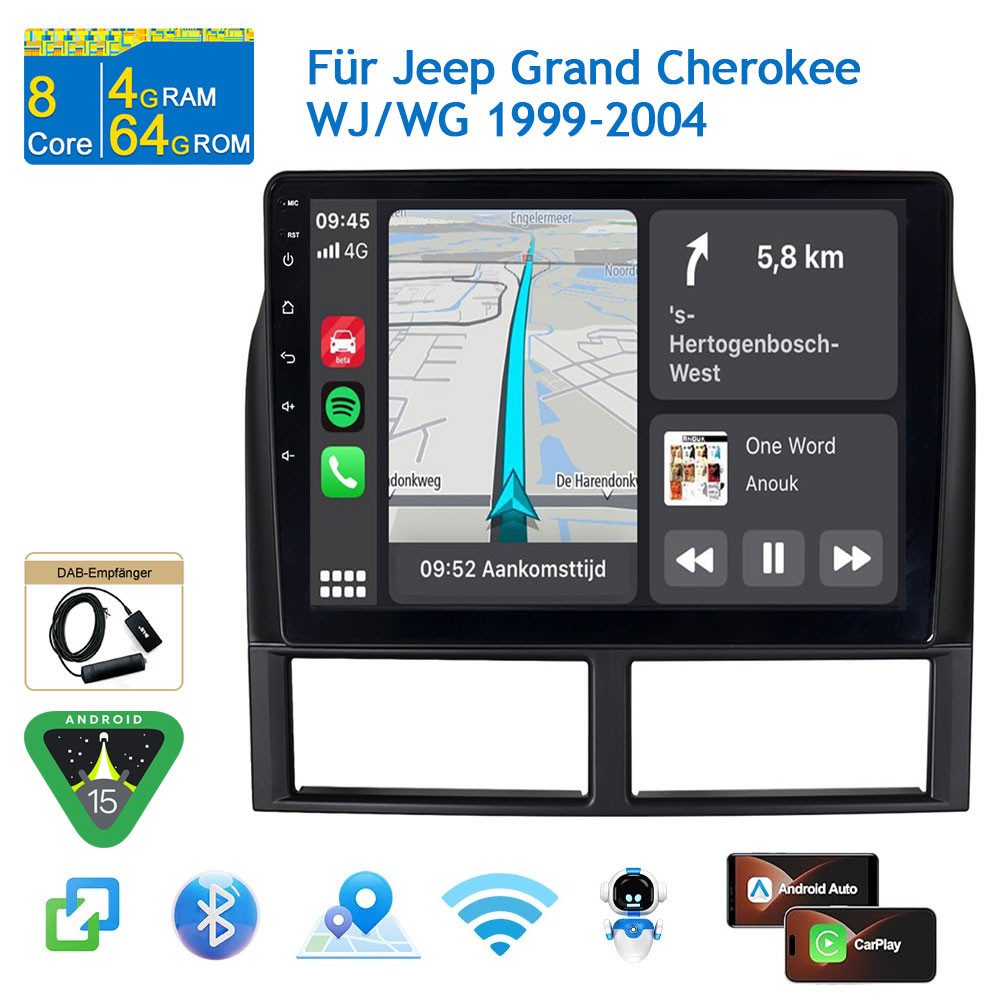 A-Sure 9'' Carplay Android 15 Navi WiFi 4+64GB Für Jeep Grand Cherokee WJ/WG Autoradio (Digitalradio (DAB), FM, AM, 1280*800 IPS Screen/8-Core CPU, RDS, DSP, GPS, SWC, Navi, UI Theme, Siri, Mirrorlink, Google play, Netflix, Youtube, Calendar, TikTok)