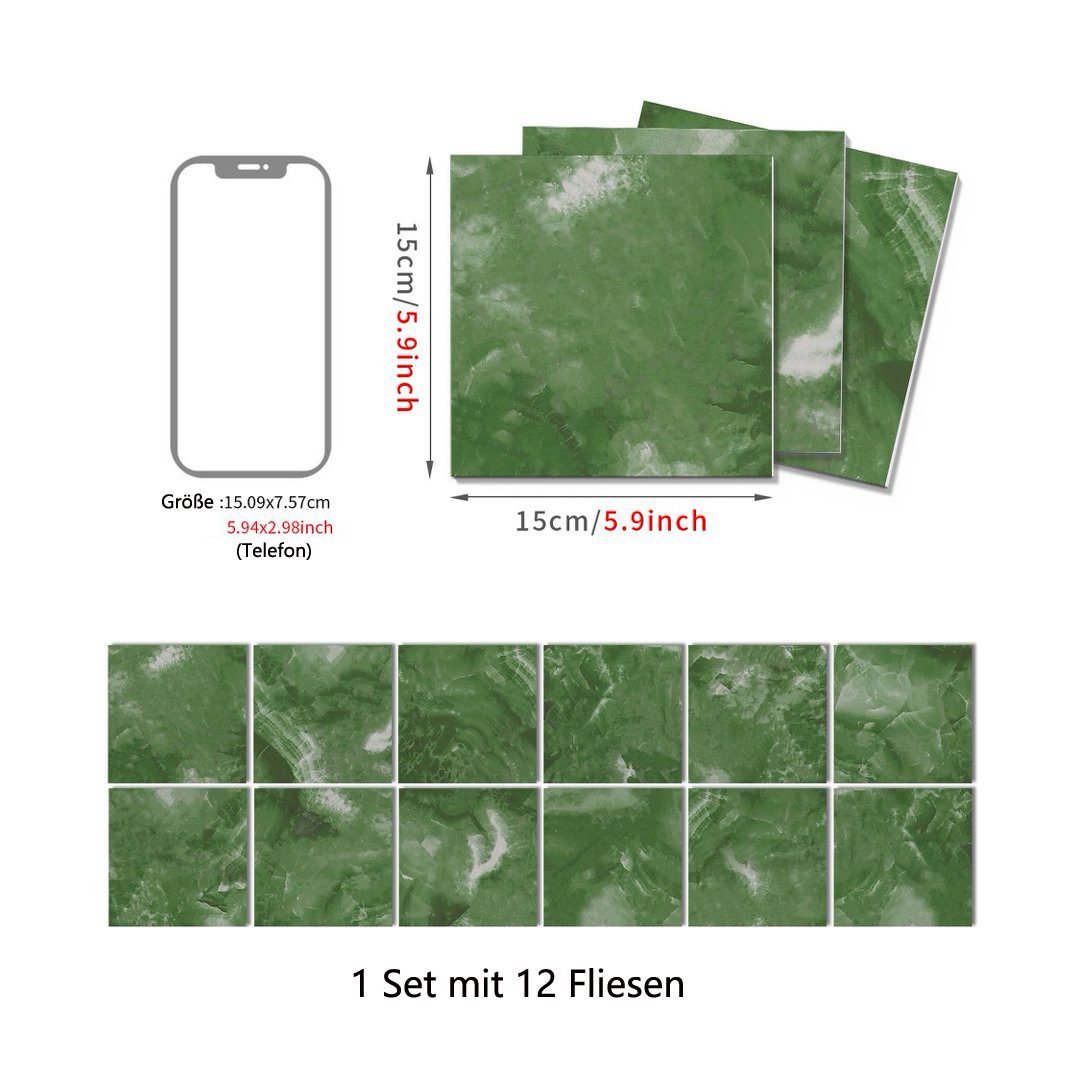Agger Wandfliese Fliesenaufkleber Marmor 12 Stück 15x15 cm, selbstklebende Fliesen-Folie, 15x15, Marmor Dunkelgrün, für Bad & Küche, entfernbare Klebe-Folie