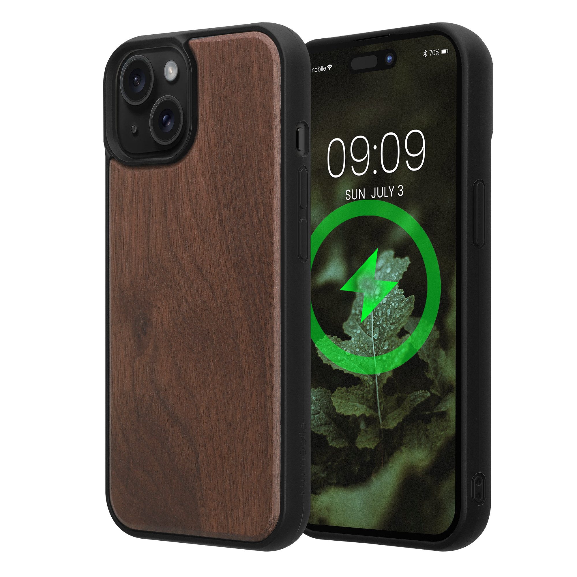 kwmobile Smartphone-Hülle Echtholz Schutzhülle für Apple iPhone 15 Hülle, Cover aus Holz und TPU - Kompatibel mit MagSafe - Walnussholz