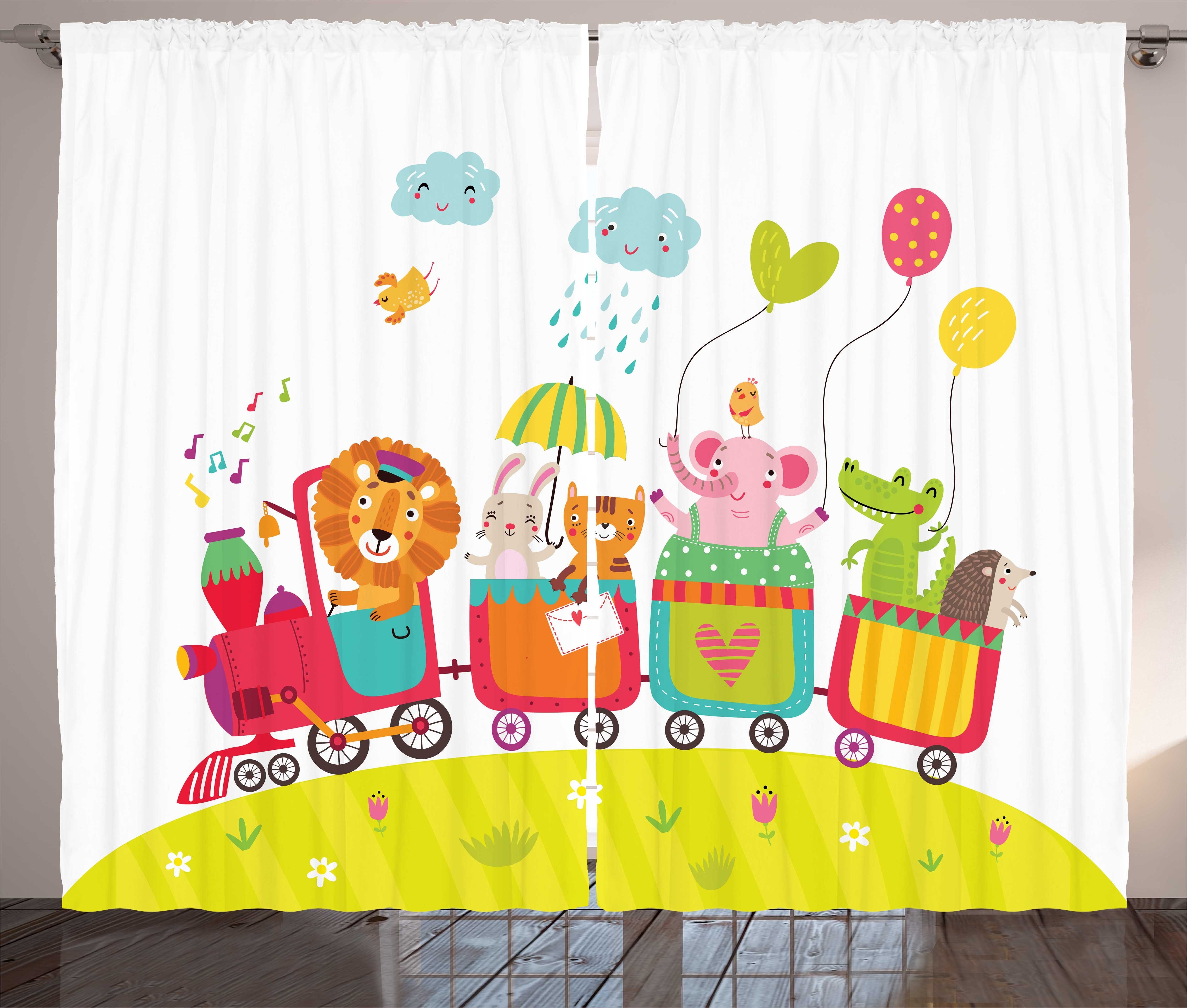 Gardine Schlafzimmer Kräuselband Vorhang mit Schlaufen und Haken, Abakuhaus, Kindergarten Cartoon Tiere in Wagons