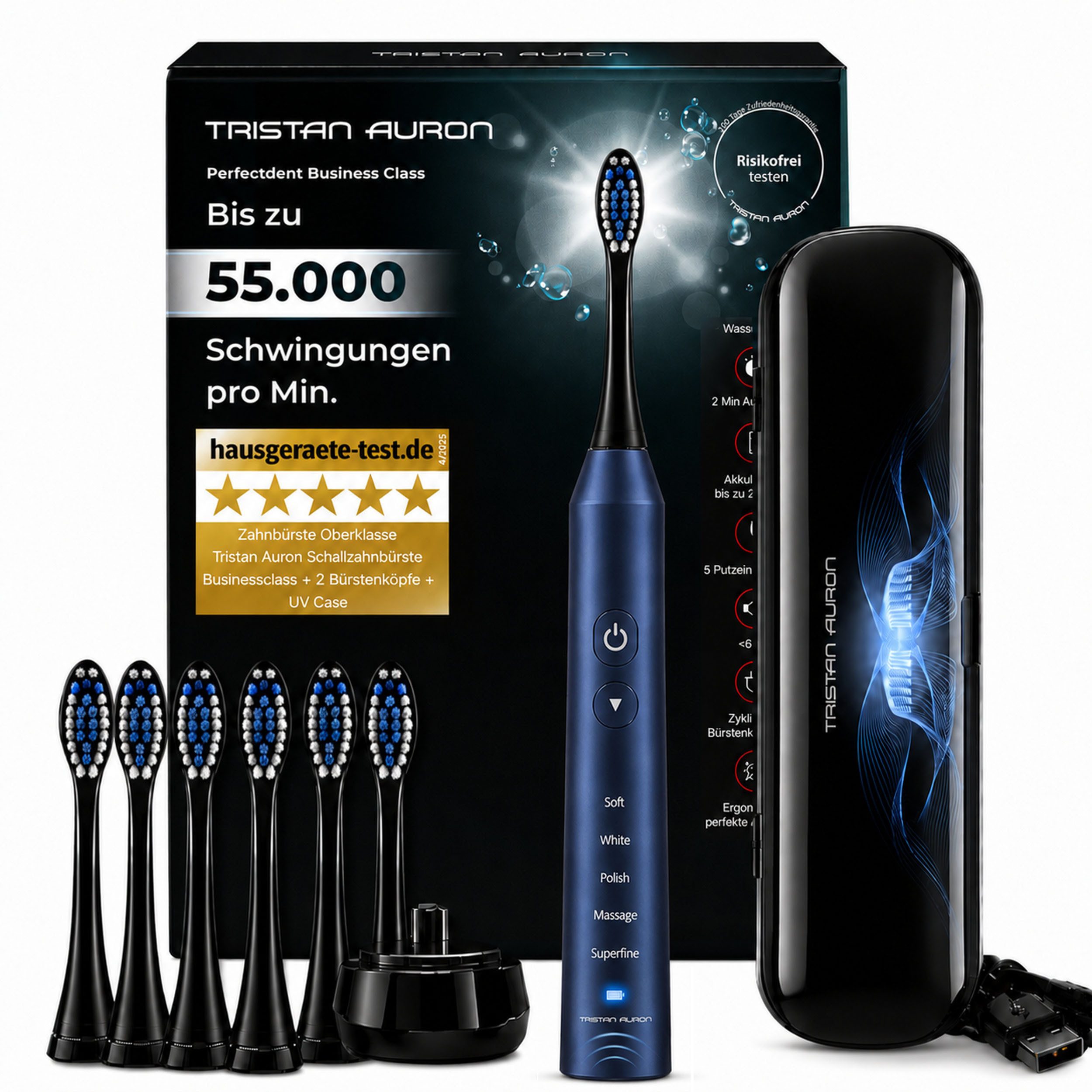 Tristan Auron Schallzahnbürste Elektrische Zahnbürste UV Case 55.000 VPM 2 Min Timer 60 Tage Akku, Aufsteckbürsten: 2 St., UV Reinigungsgerät, 5 Modis, extrem leise <65db, IPX7 Wasserdicht