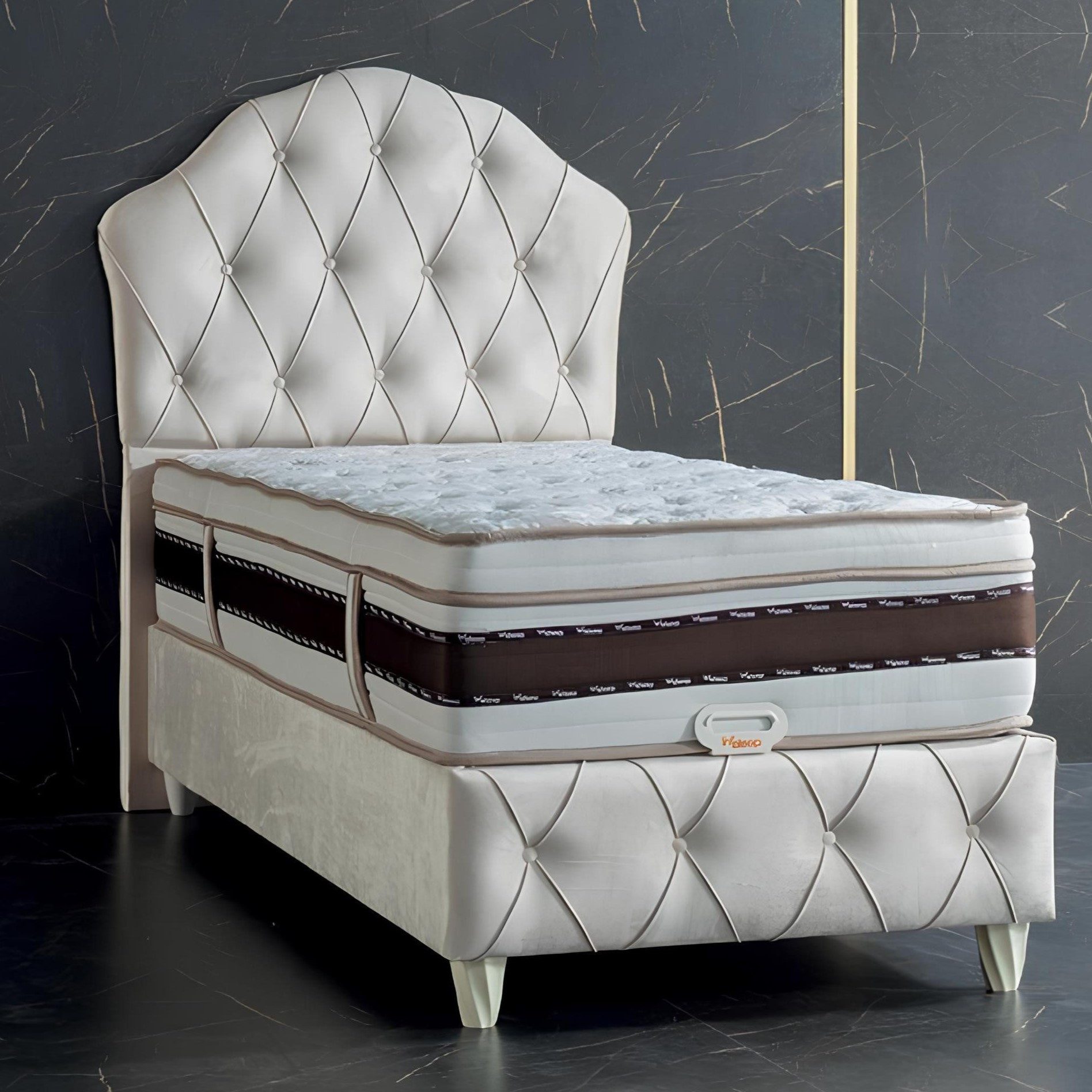 JVmoebel Boxspringbett Weißes Einzelbett im Chesterfield-Design mit gepolstertem Kopfteil (Bett), Made in Europa