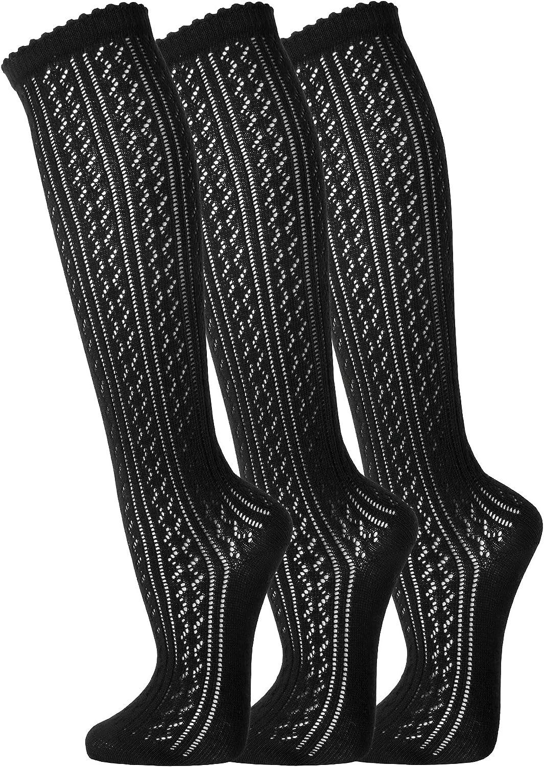 TippTexx 24 Trachtensocken 3 Paar lange Damen Kniestrümpfe Häkellook Trachtenstrümpfe Baumwolle (3 Paar) Häkellook-Lochmuster, weiches Abschlussbündchen mit Wellenrand