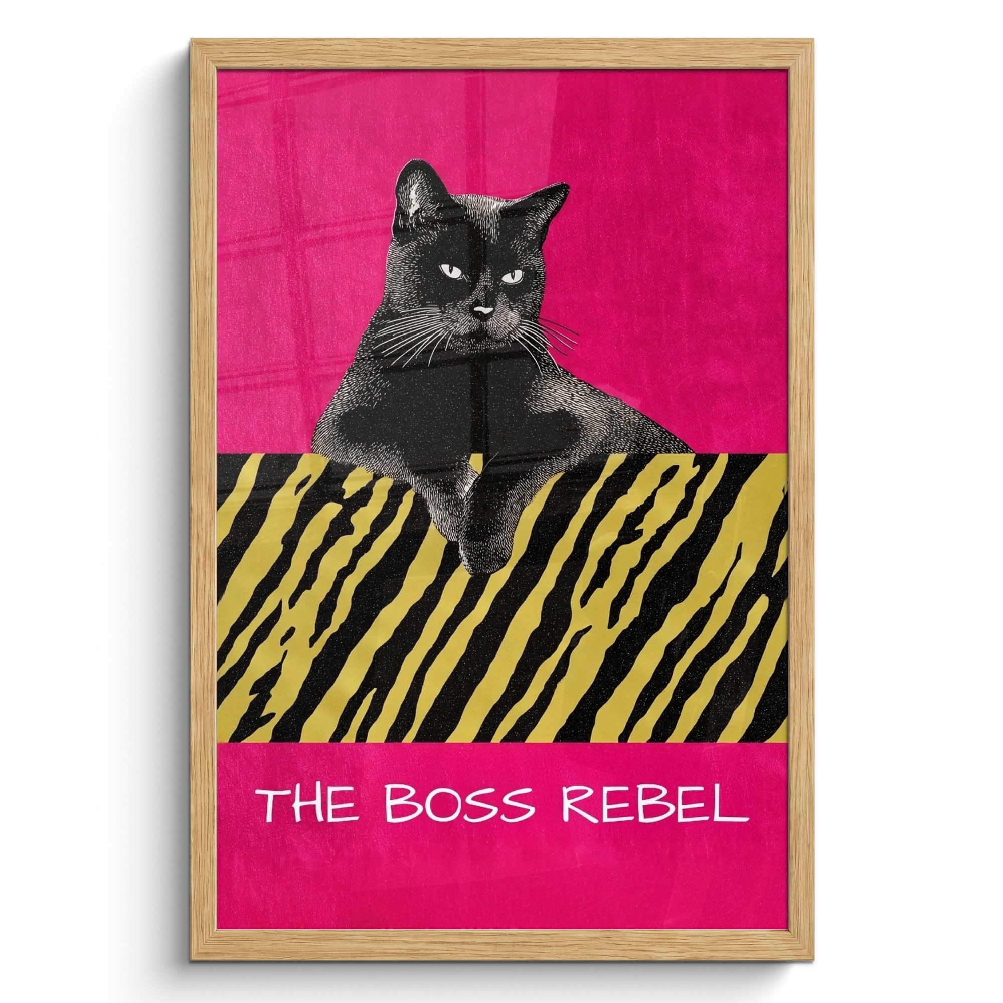 MuchoWow Poster Katze - Boss - Rosa - Tigerdruck, (1 St), Bilderrahmen Eiche, Wanddeko für Wohnzimmer, 40x60 cm