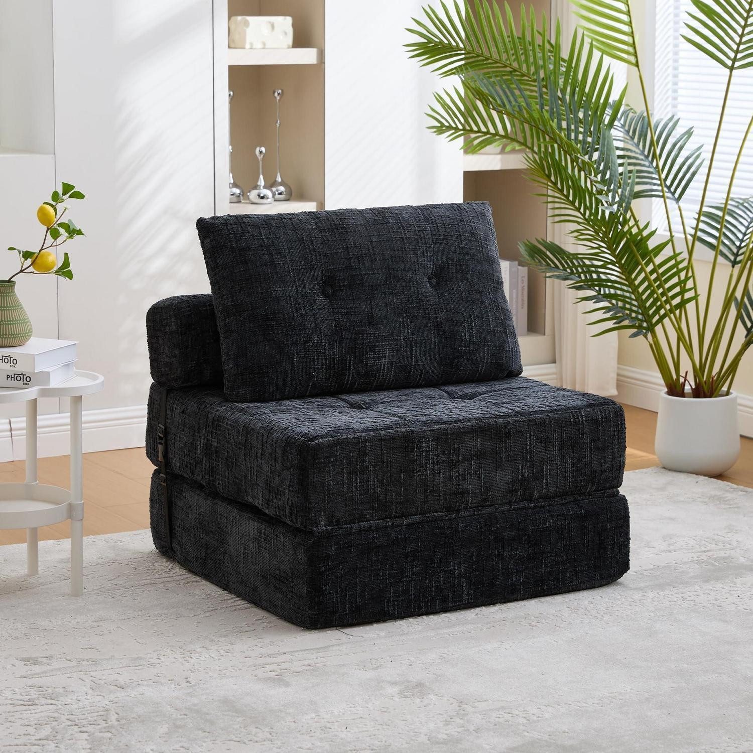 LuxusKollektion Schlafsofa Schlafsofa Klappsofa Faltmatratze Kopfkissen Lendenkissen Schwarz