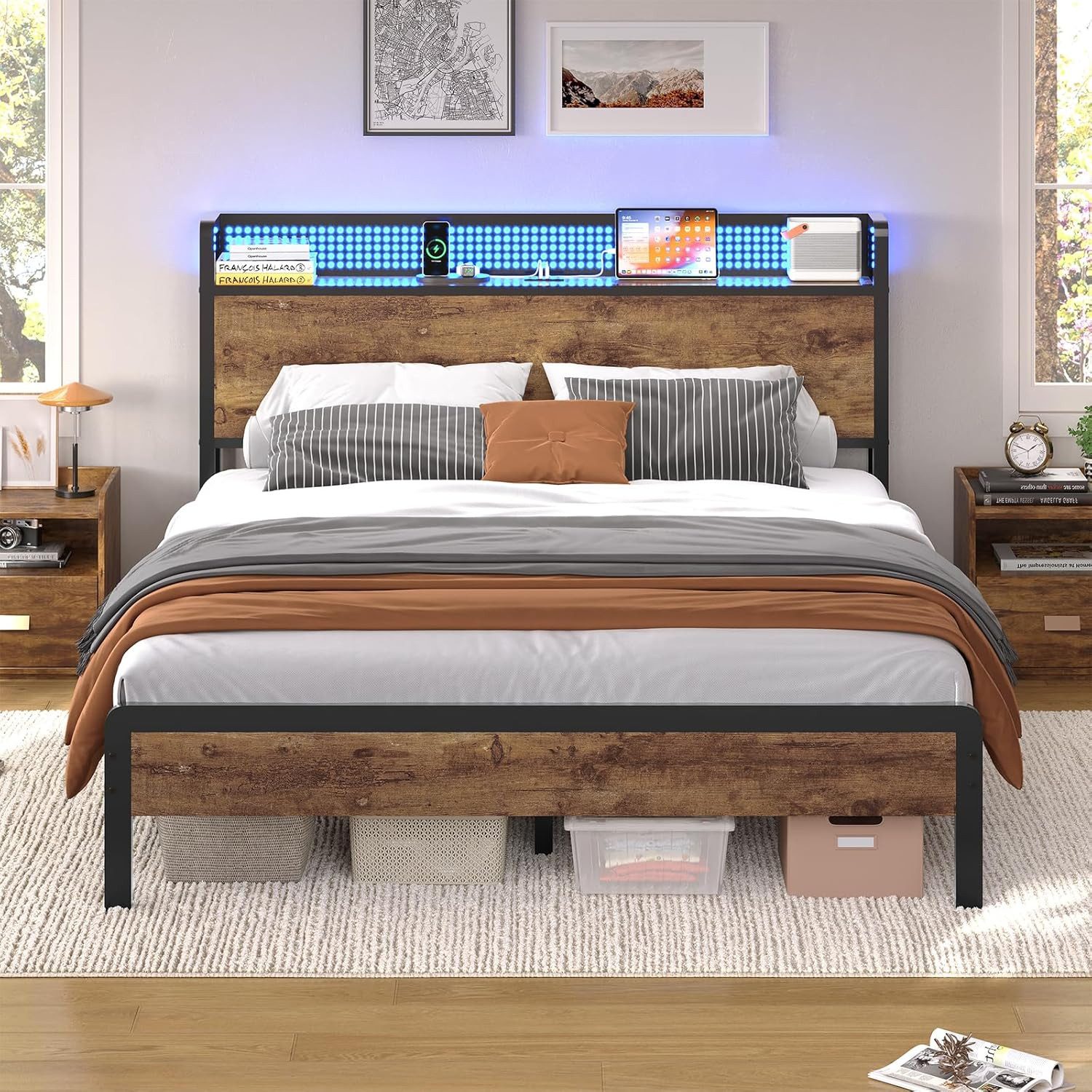 KIMENICH Metallbett mit LED-Beleuchtung – Metallrahmen, Ladestation, Vintage Braun (1-tlg., Ohne Matratze), Jugendbett, Bettgestell 140x200cm – Bild 3 von 5