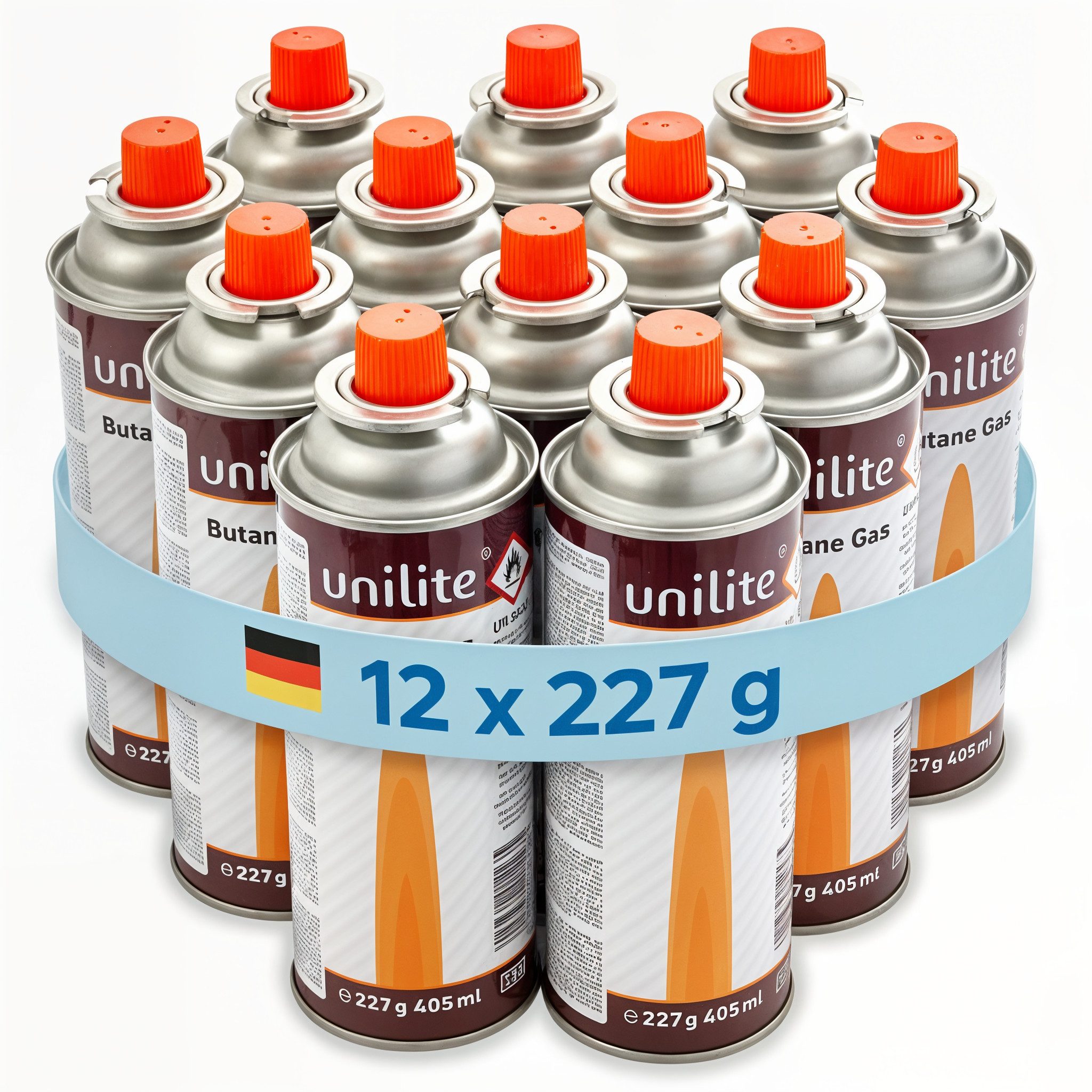 Unilite Gaskartusche 12 x 227g Gaskartuschen mit MSF-1A Bajonett Ventil, 12 St., Für Camping, Unkrautbrenner, Kocher, Gas Lampe & Co.