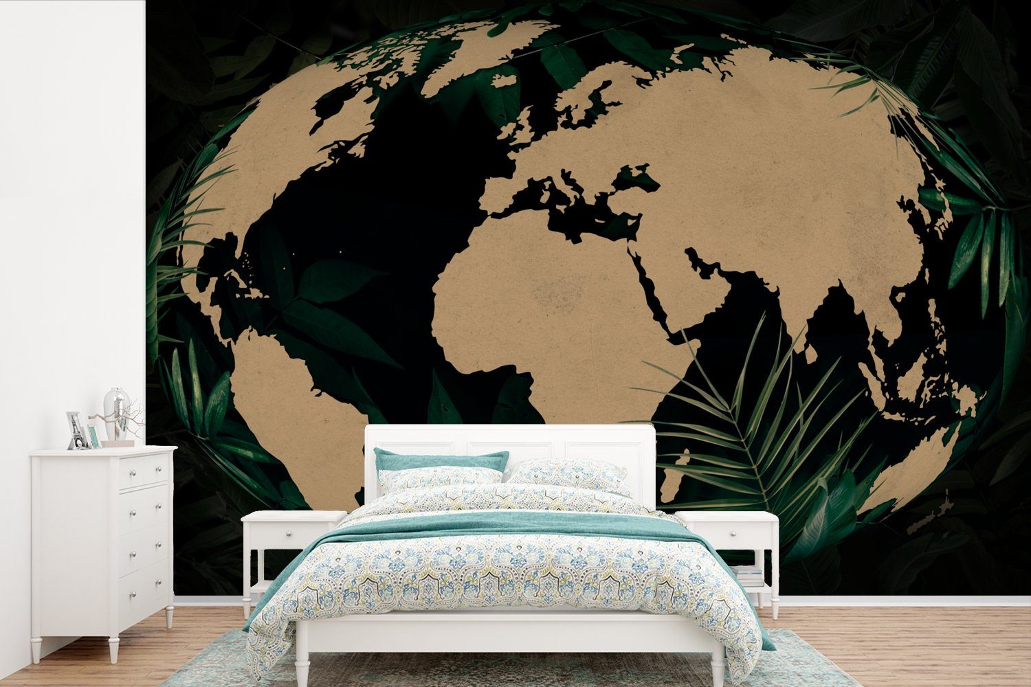 MuchoWow Fototapete Weltkarte - Globus - Pflanzen, Matt, bedruckt, (6 St), Wallpaper für Wohnzimmer, Schlafzimmer, Kinderzimmer, Vinyl Tapete