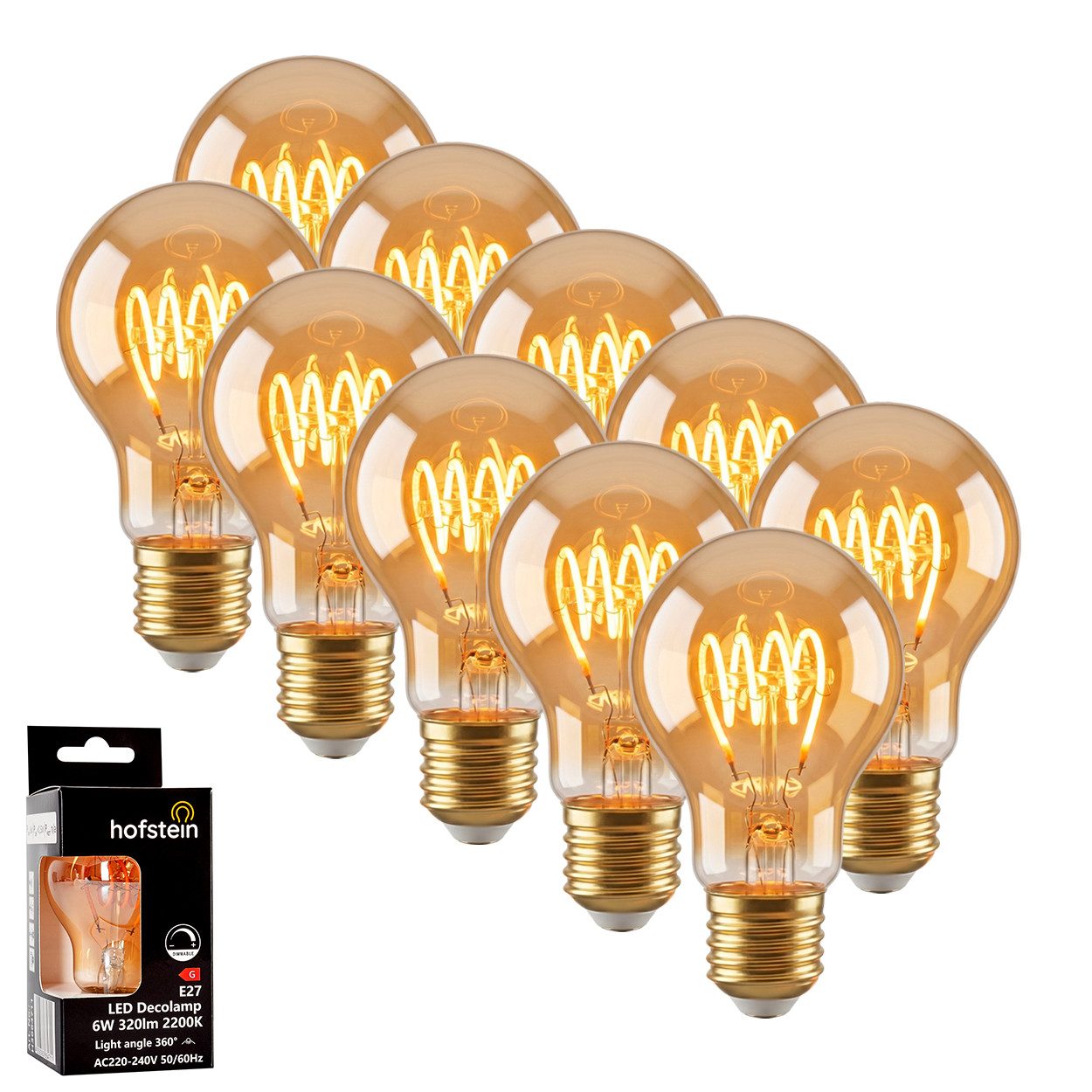 hofstein LED-Leuchtmittel 10er Set Glühbirne Extra Warmweiß dimmbar 6 Watt, E27, 2200 Kelvin, 320 Lumen, Klassisch, Filament Spirale, Amber