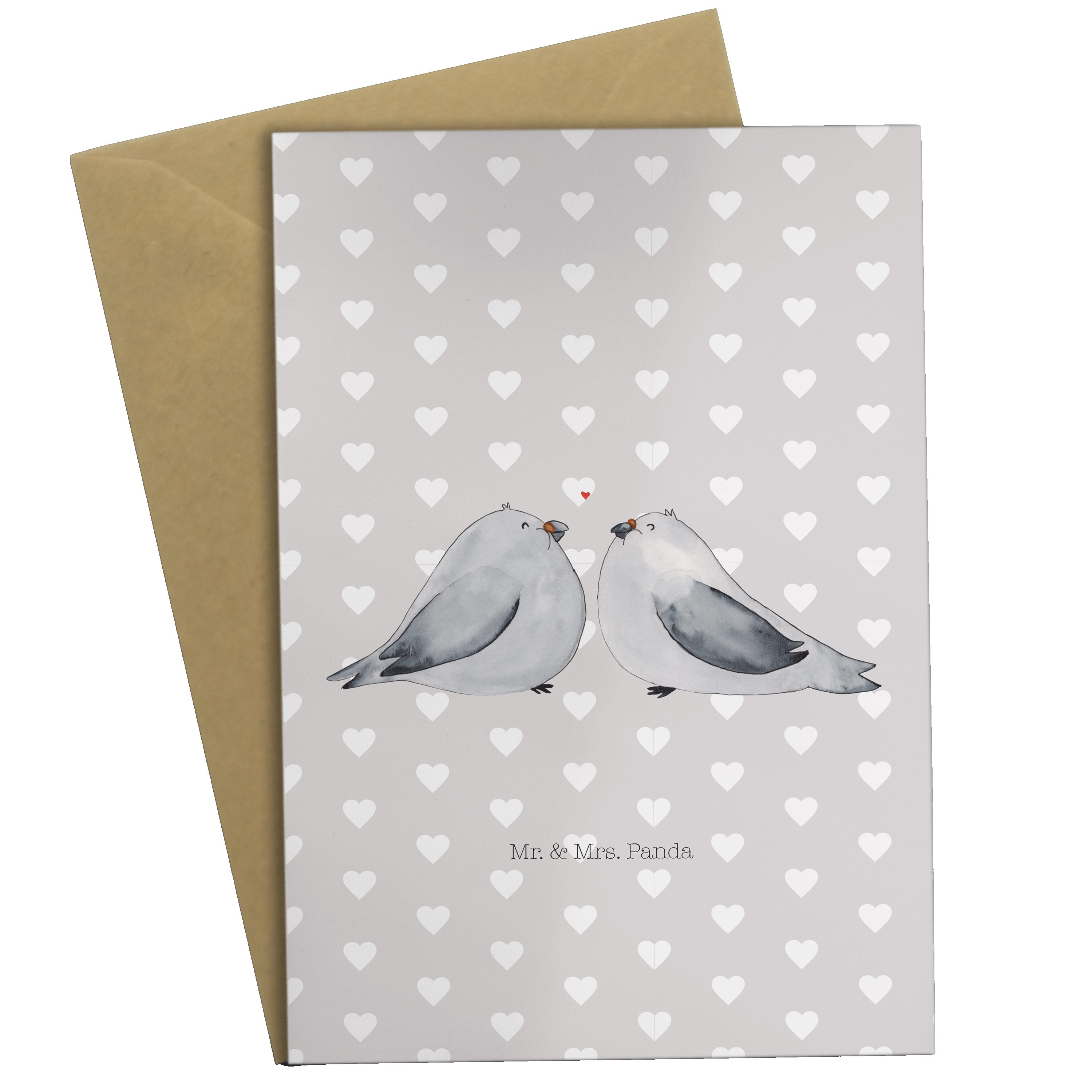 Mr. & Mrs. Panda Grußkarte Turteltauben Liebe - Grau Pastell - Geschenk, Geburtstagskarte, Klapp