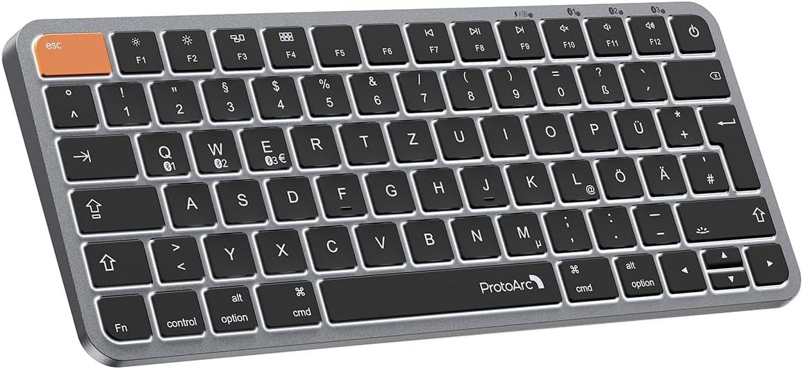 ProtoArc K90-A Bluetooth QWERTZ Funk Tastatur Tastatur (Beleuchtet Kompakte Kabellose Tastatur Mehrgeräte-Gerät)