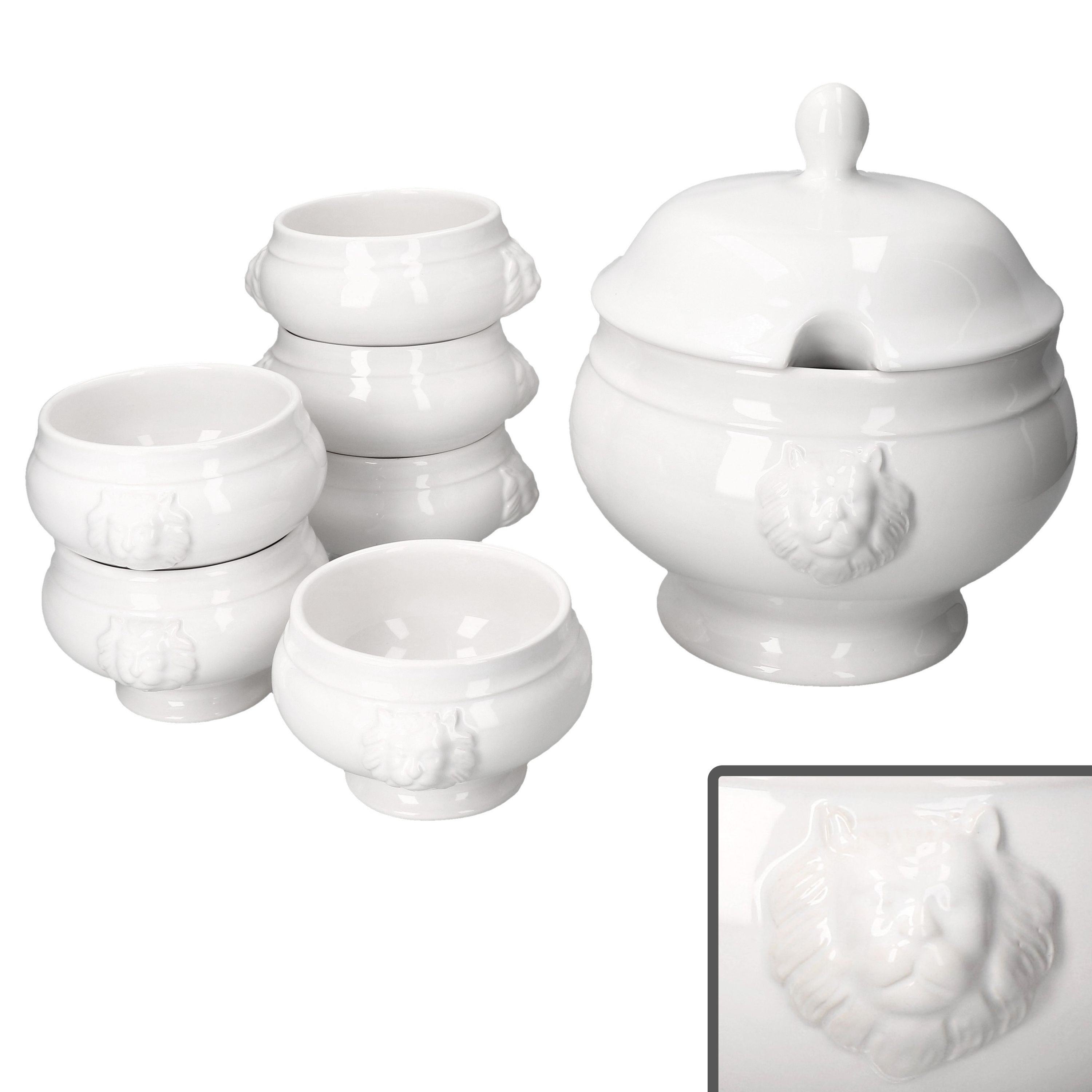MamboCat Suppenschüssel 7tlg Set LEO Löwenkopf-Terrine mit & ohne Deckel 2L 0,25L weiß, Steingut