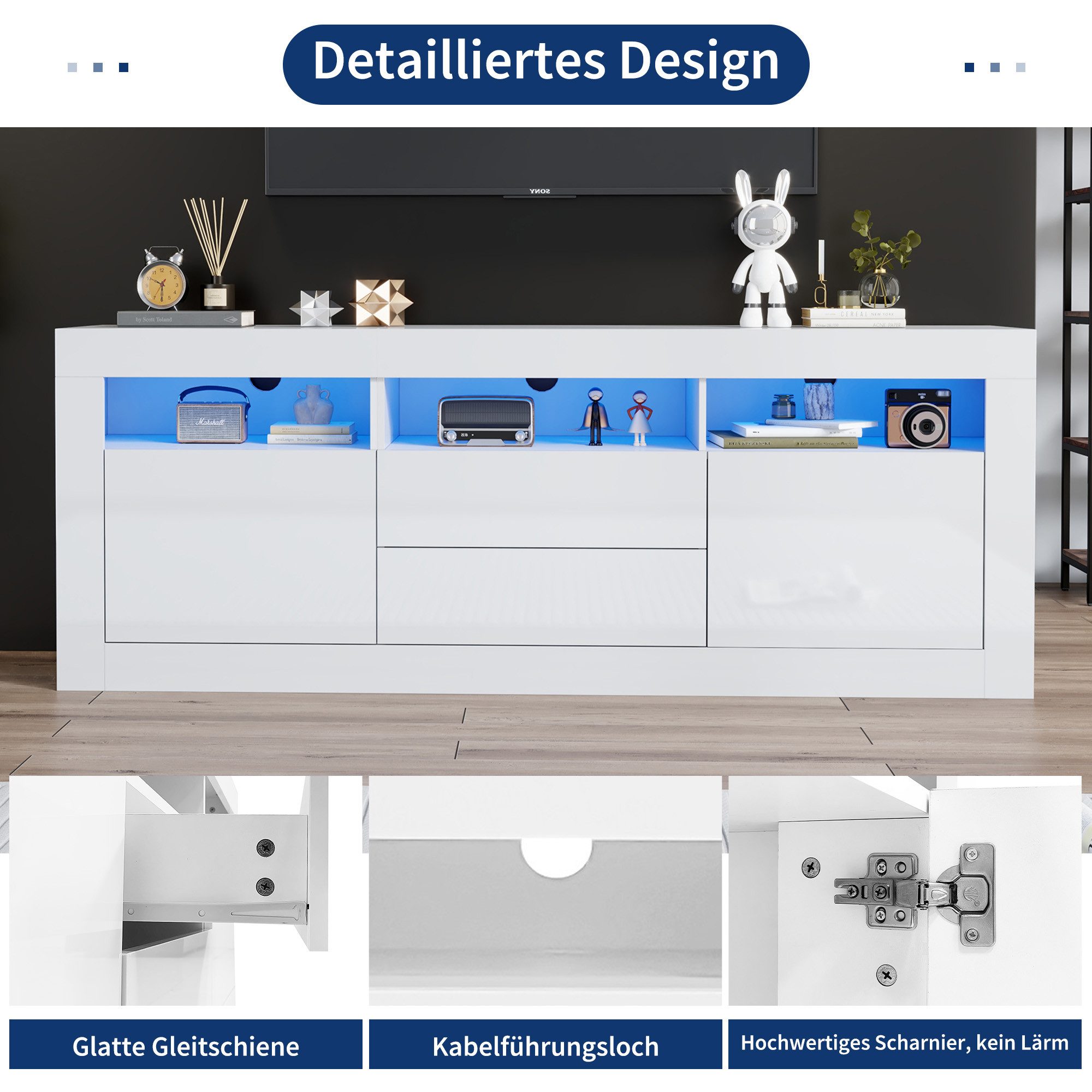 STILVORA Lowboard mit LED&Schubladen,TV-Schrank Fernsehschrank mit offenen Fächern (TV-Ständer für 70-Zoll-Fernseher, 3 offenen Fächern, 2 Türen, 2 Schubladen), mit LED-Beleuchtung