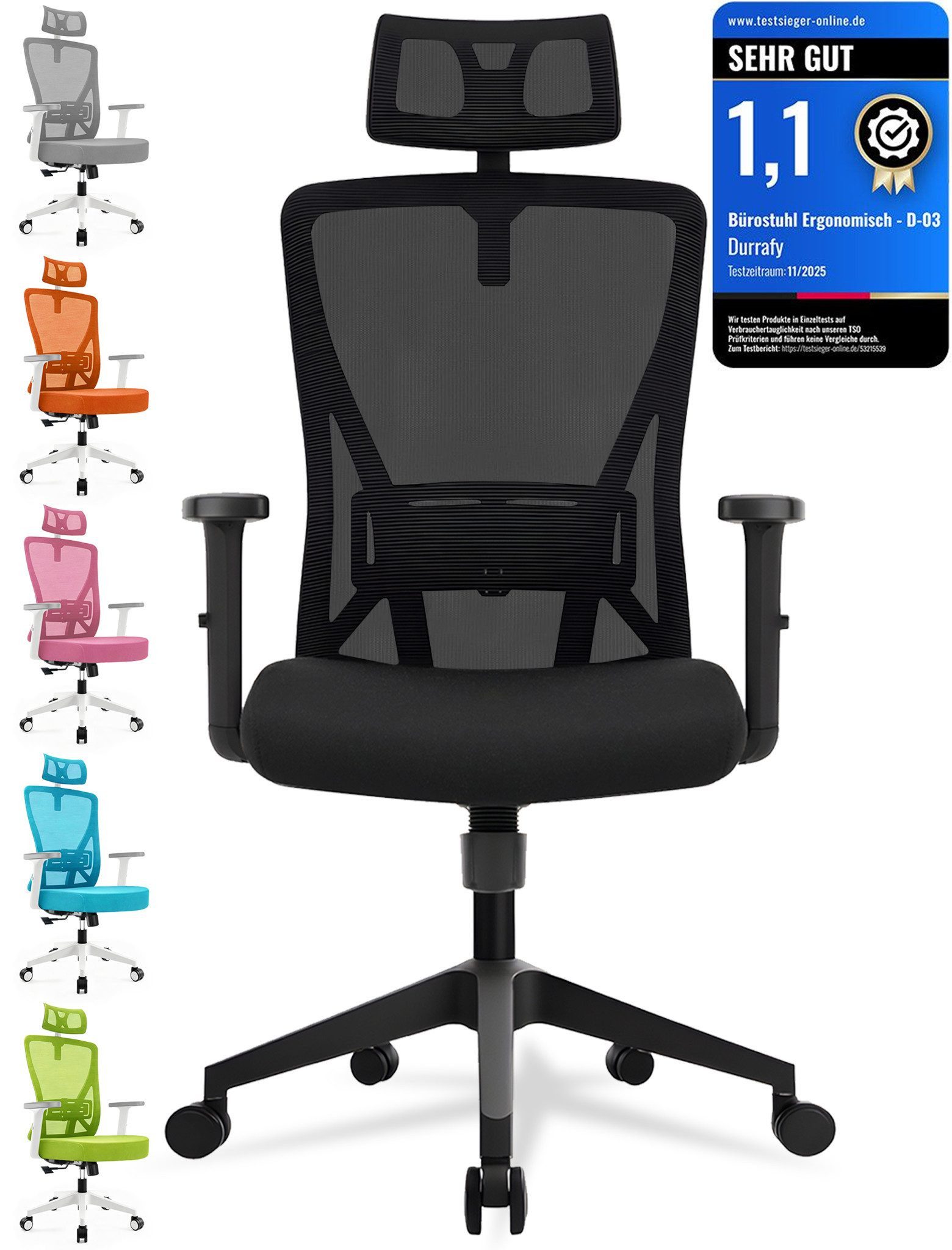 Durrafy Bürostuhl 200kg Ergonomischer Bürostuhl-Verstellbare Lordosenstütze (Verstellbare Lendenwirbelstutze + Kopfstutze + hohenverstelbare Armlehnen),bis zu 130° neigbar, atmungsaktives Netzgewebe, Drehstuhl),bis zu 130° neigbar, atmungsaktives Netzgewe