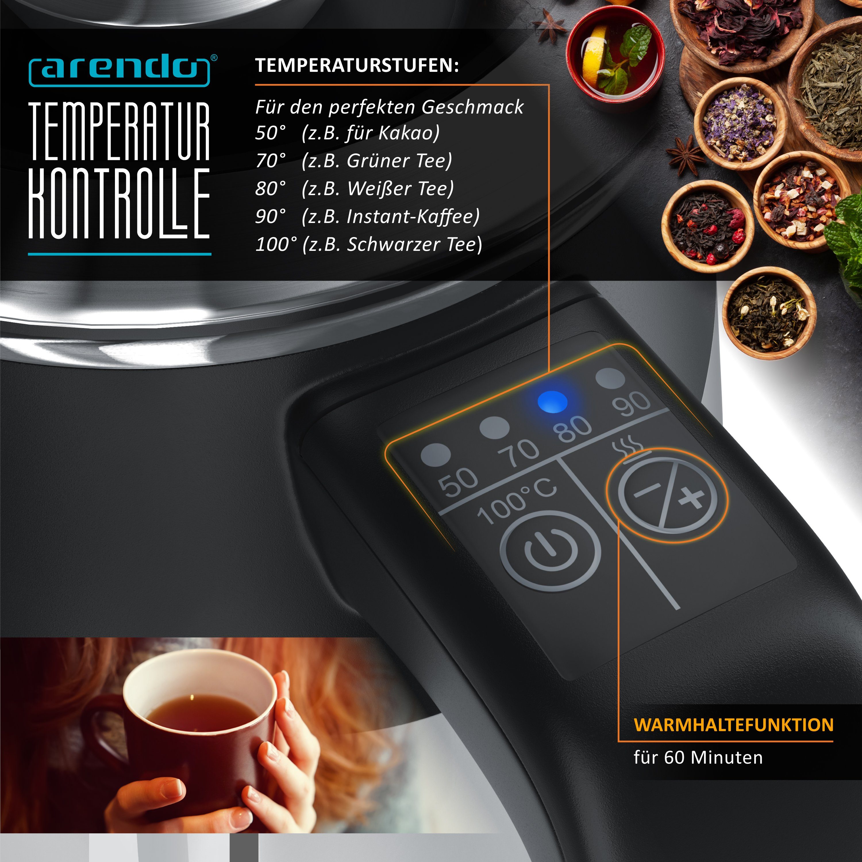 Arendo Wasserkocher aus Edelstahl, Reisewasserkocher Mini, Temperatureinstellung, Single, 0,5 l, 1100 W, Doppelwand-Design, 5 Temperaturstufen einstellbar, Warmhaltefunktion