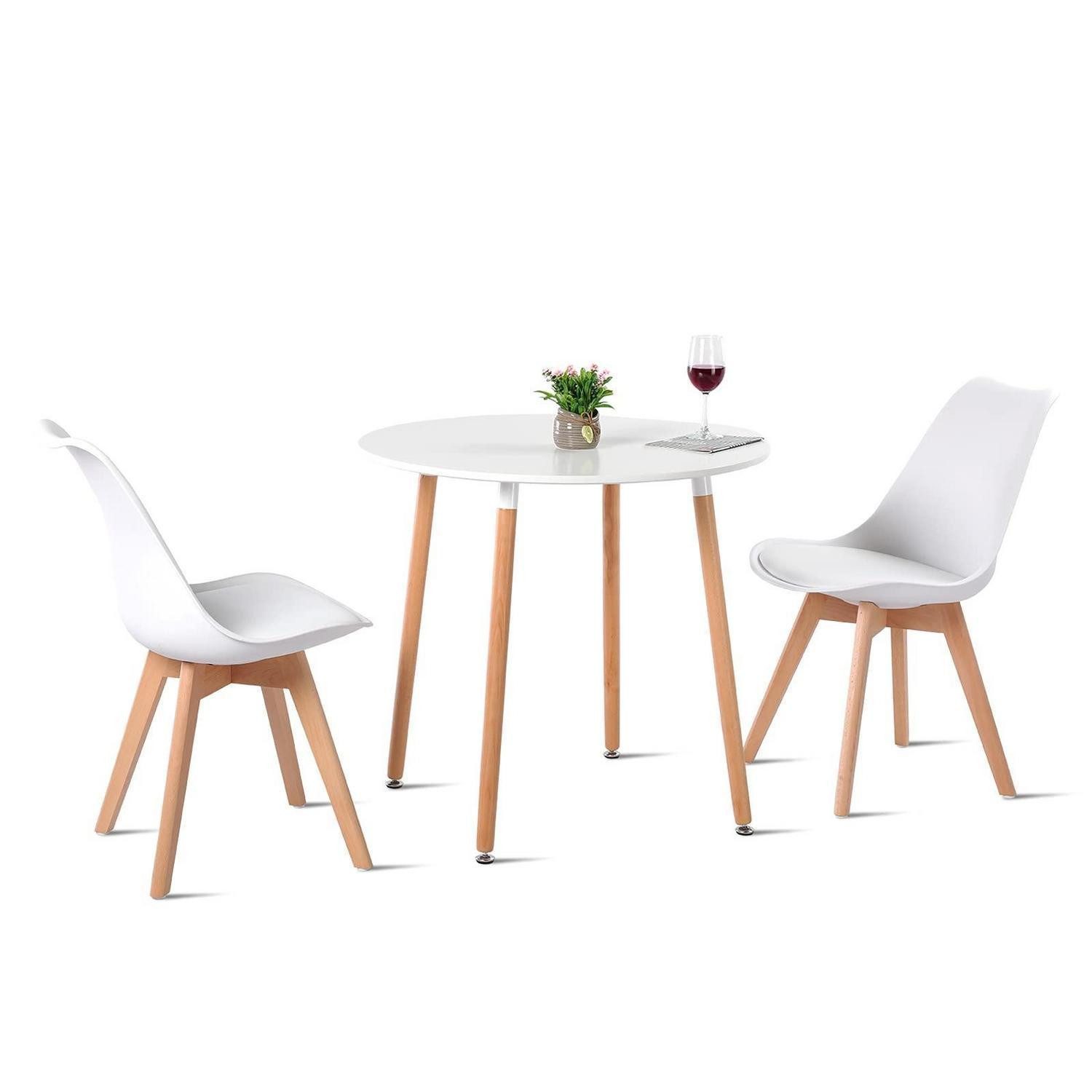 LuxusKollektion Esstisch Tischset rund 80 cm skandinavisch 2 Stühle weiß Buche (1-St)