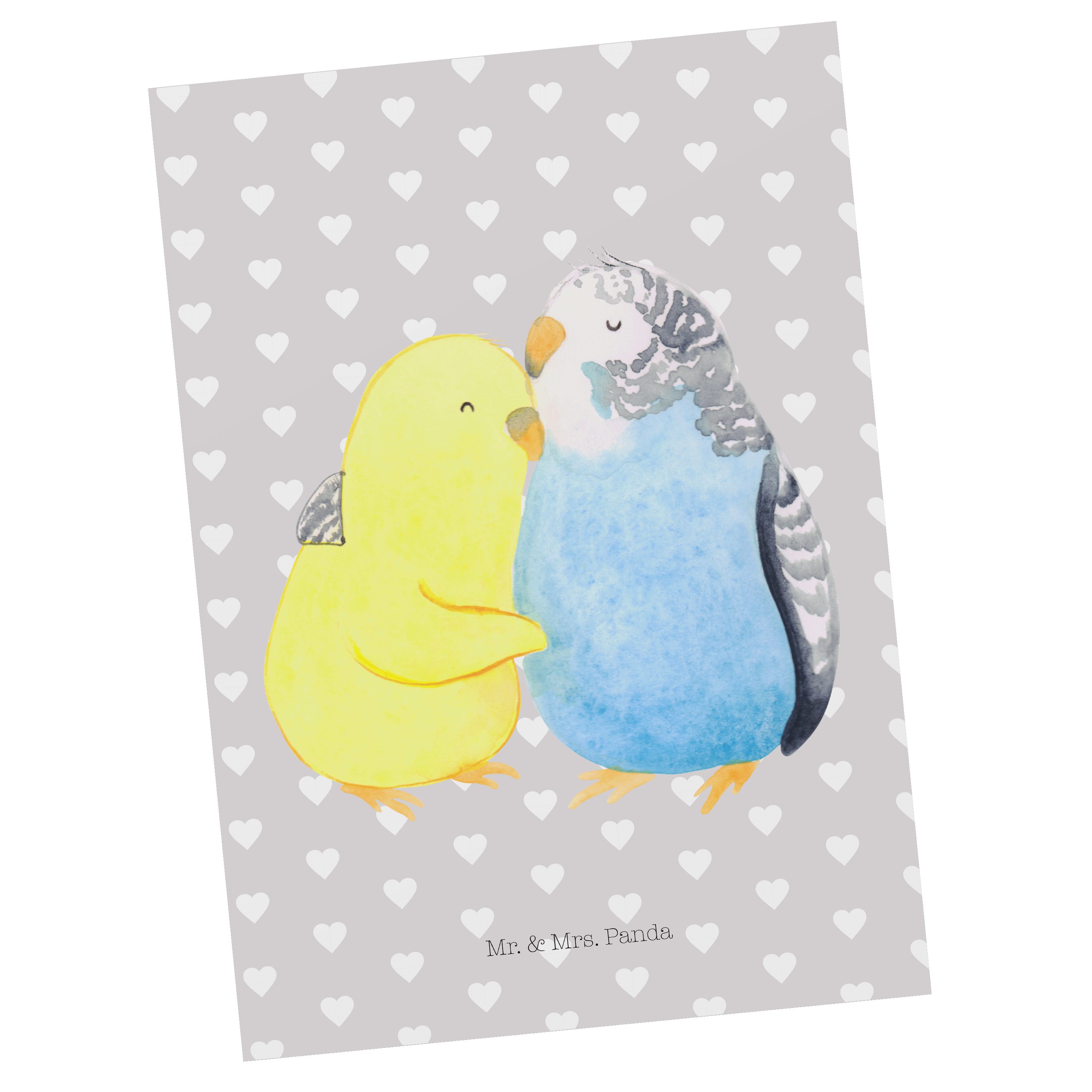 Mr. & Mrs. Panda Postkarte Wellensittich Liebe - Grau Pastell - Geschenk, Umarmung, Umarmen, Näh