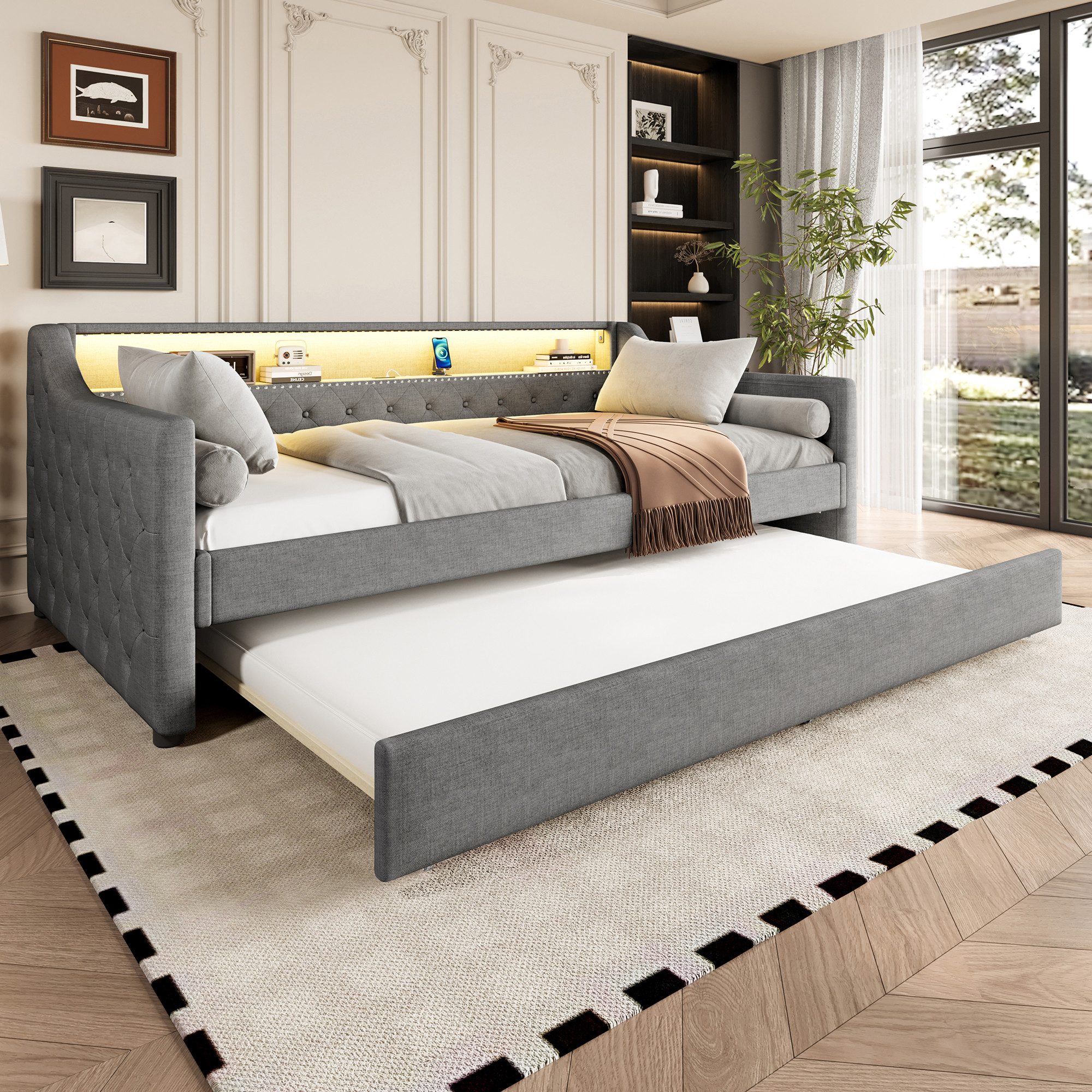 SOFTWEARY Schlafsofa mit LED-Beleuchtung, 90x200cm, mit Ausziehbett, Polsterbett mit Lattenrost, Einzelbett, Jugendbett, Bezug aus Leinen