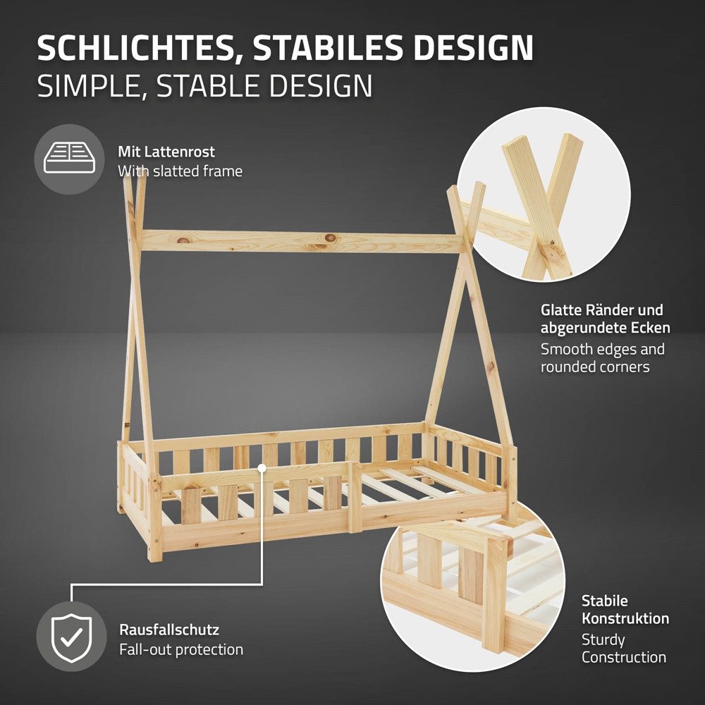 ML-DESIGN Spielbett Hausbett Tipi Zeltbett inkl. Lattenrost Bodenbett Kinder Himmelbett, Abenteuerbett mit Rausfallschutz Zelt Kinderbett Kiefer Kinderhaus