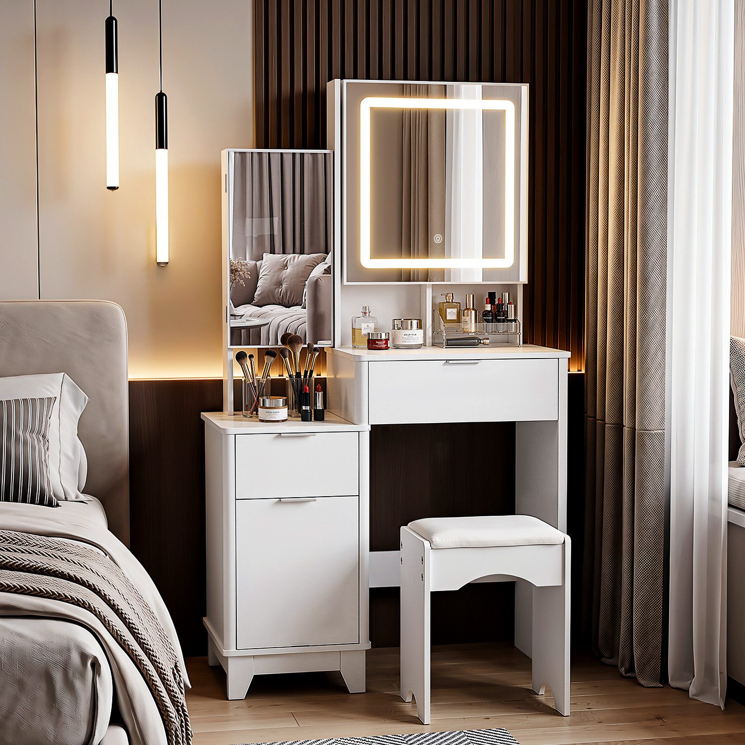 oyajia Schminktisch mit Spiegel und Hocker, 2 Schubladen, 80 x 36x 135cm (Kosmetiktisch mit LED-Beleuchtung und Schiebespiegel), 3 Lichtfarben,1 Seitenschrank, viel Stauraum, pflegeleicht
