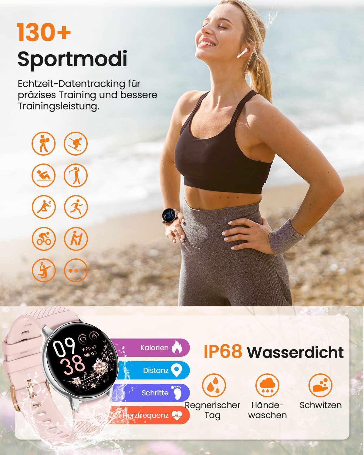 Whraills 2026 NEW Smartwatch Damen Fitnesstracker Uhr mit Anrufe,Pulsuhr,SpO2 Smartwatch (3.53 cm/1,39 Zoll, HD Touchscreen), Smartwatch für Damen mit Blutdruck – Bild 4 von 5