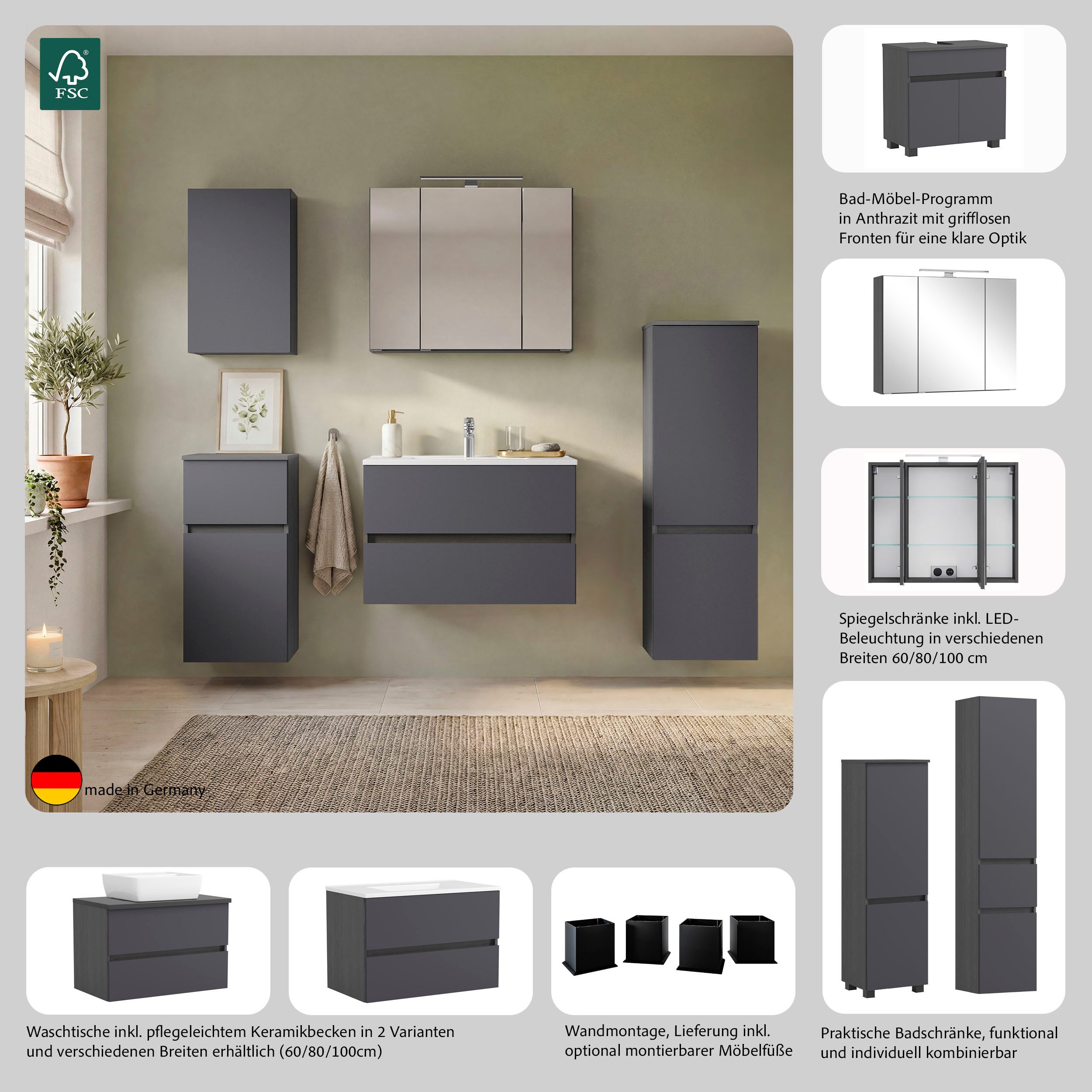 OTTO home Spiegelschrank BOZEN, 3D-Spiegelschrank 100 cm (Badezimmerschrank, Badschrank, Stauraum, Badmöbel, Schrank) Inklusive LED-Aufbauleuchte, Steckdose und – Bild 3 von 5
