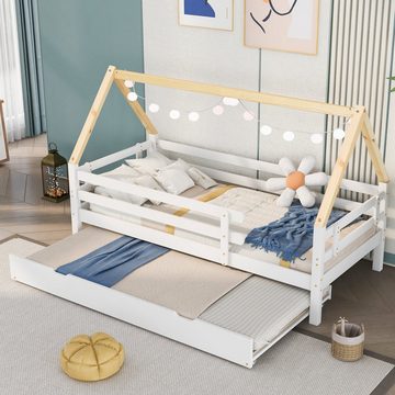 HAUSS SPLOE Bett Hausbett Kinderbett Einzelbett Bettrahmen Schiebebett Holzbett (mit Rollen unten, 200x90cm), Ohne Matratze