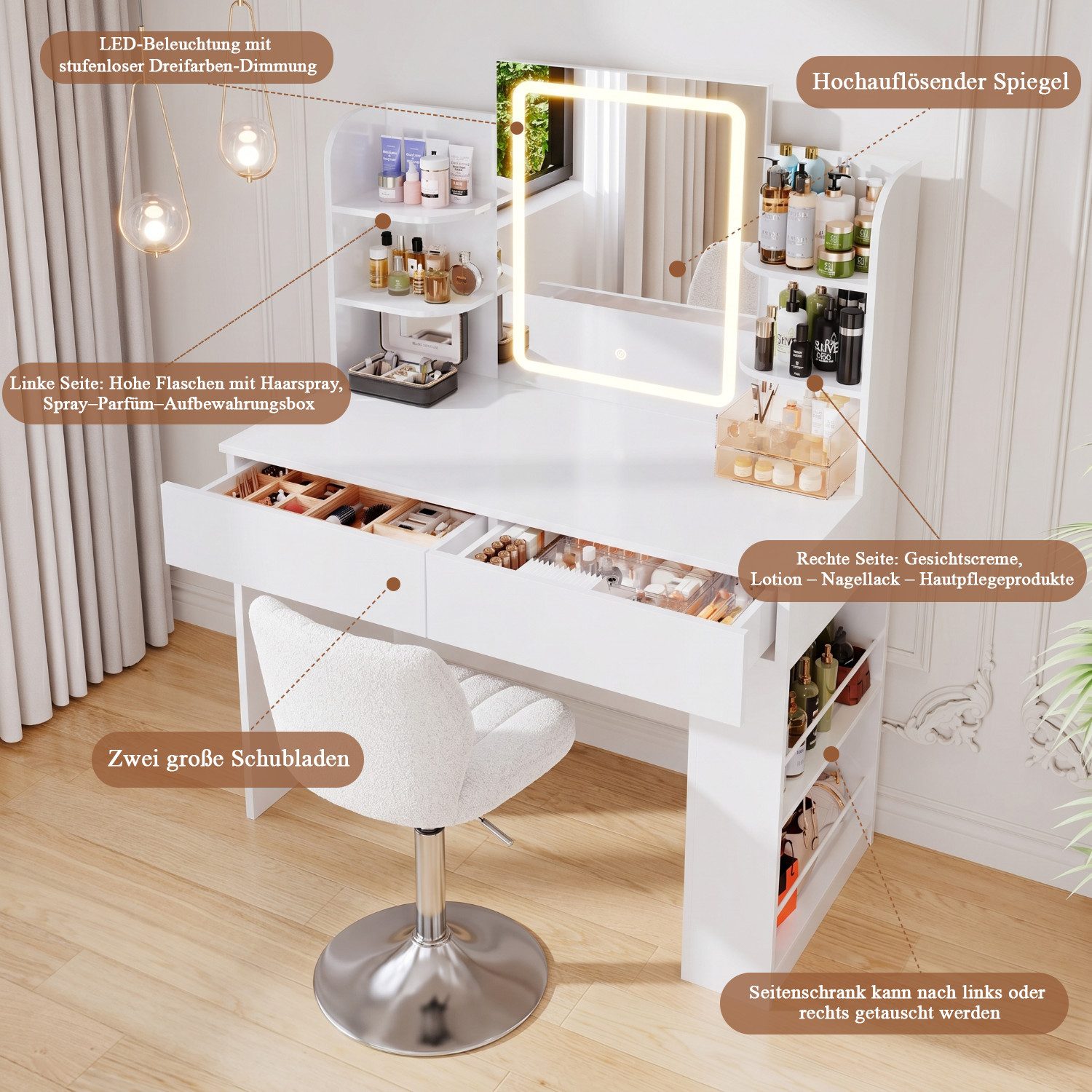HOMALL Schminktisch Set aus Schminktisch und Hocker, mit einstellbarer Helligkeit (Maße: 90/110 × 40 × 135 cm, LED-Beleuchtung, 8 offene Fächer + 2 Schubladen,  – Bild 5 von 5