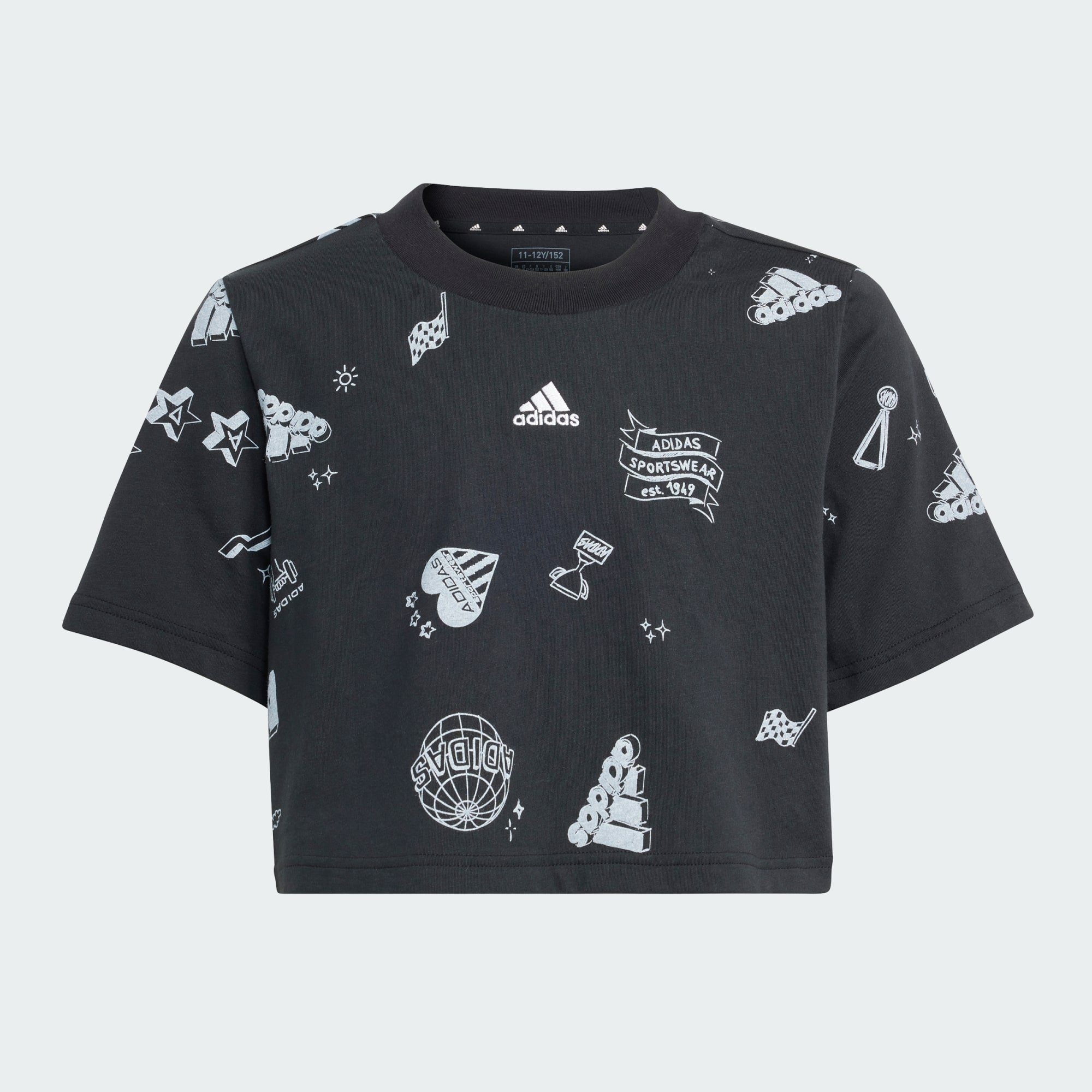 adidas Sportswear T-Shirt BRAND White / White CROP-SHIRT LOVE KIDS / ALLOVER PRINT Black