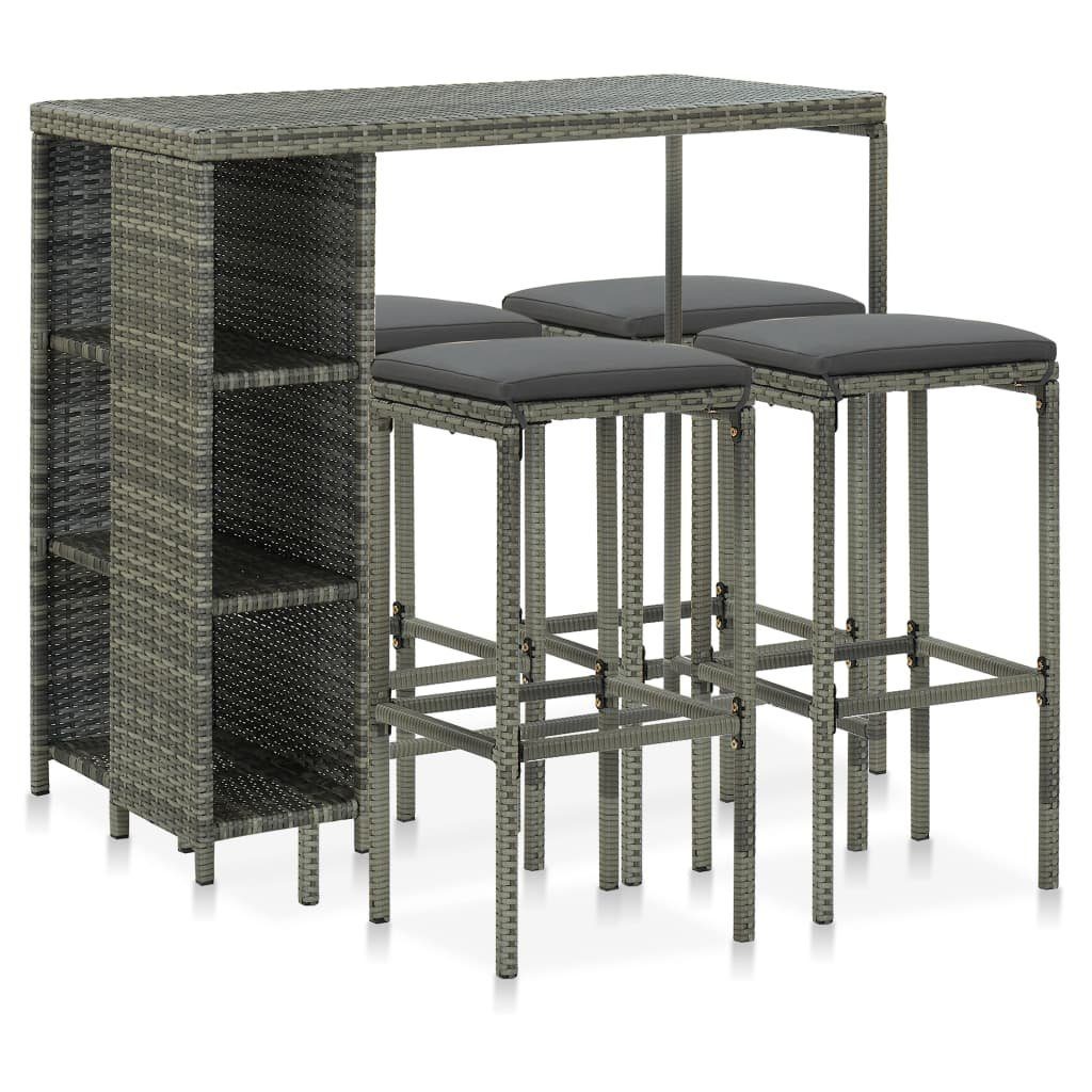 vidaXL Gartenlounge-Set 5-tlg. Gartenbar-Set mit Kissen Poly Rattan Grau, (1-tlg)