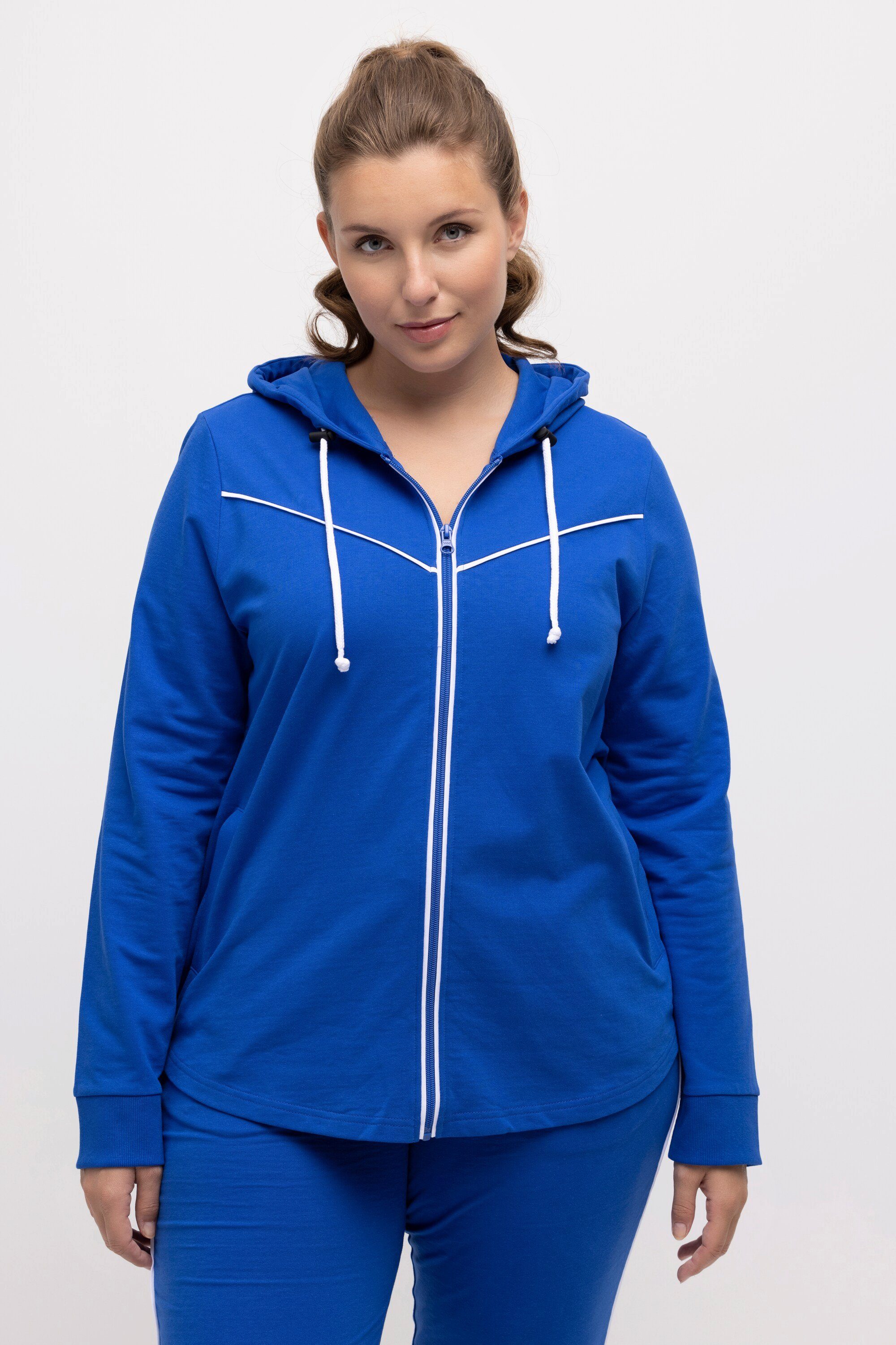 Ulla Sweatjacke Saum gerundeter Popken royalblau Kapuze Sweatjacke Piping