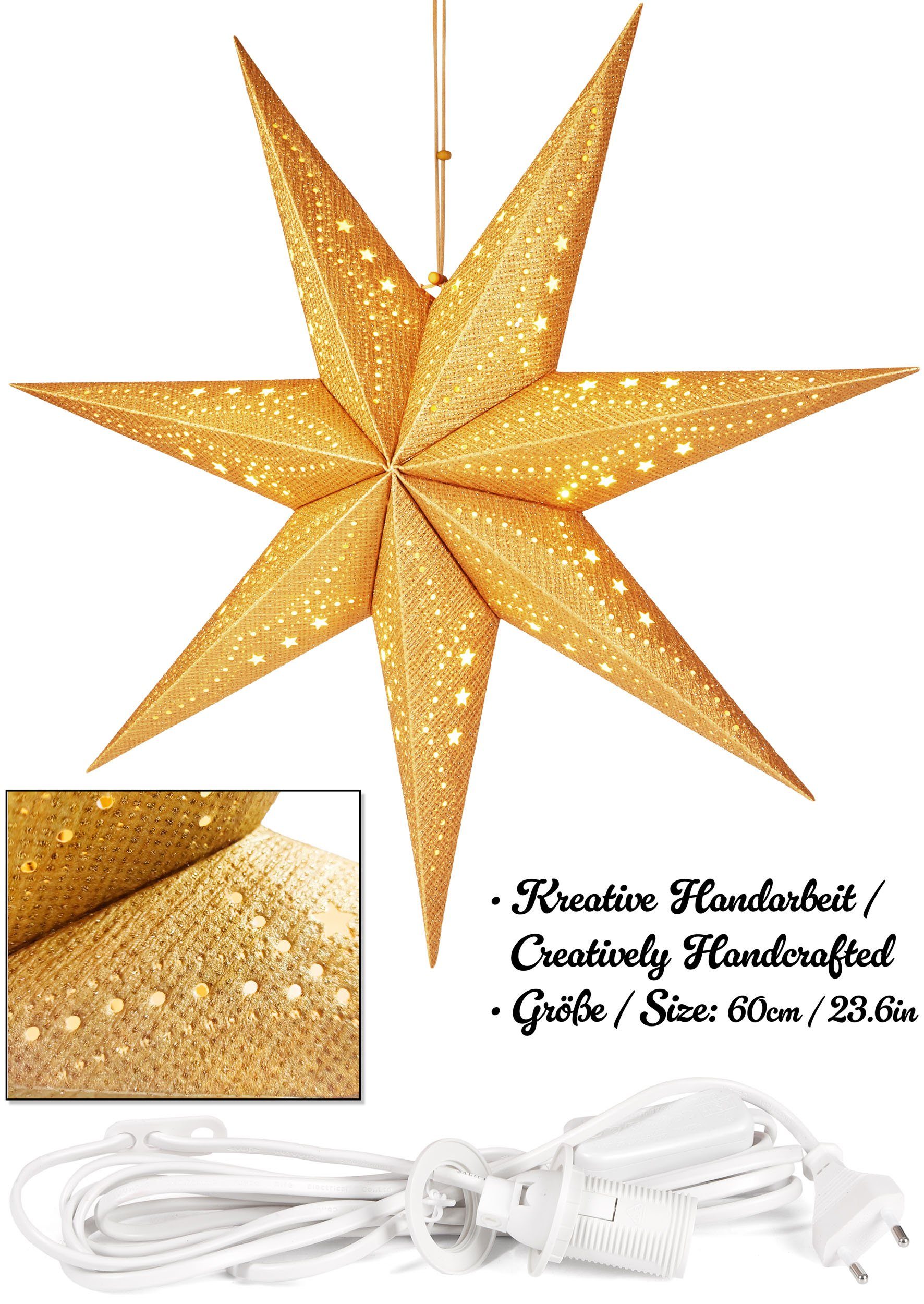 BRUBAKER Dekostern 3D Weihnachtsstern zum Aufhängen - Fenster Papierstern mit E14 Fassung, 1 St., 60 cm Deko Adventsstern - Weihnachten Leuchtstern mit 3,5 m Kabel