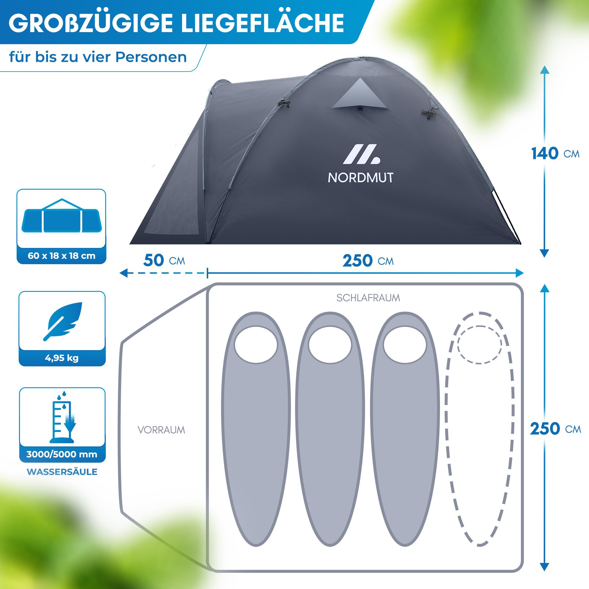 Nordmut Kuppelzelt 4 Personen 300x250 cm Vorraum wasserdicht 5000 mm, Personen: 4 (Trekkingzelt mit Fiberglas Gestänge & schnellem Aufbau, Familienzelt mit Moskitonetzen & angenehmem Raumklima), Campingzelt wasserdicht mit Vorraum & versiegelten Nähten