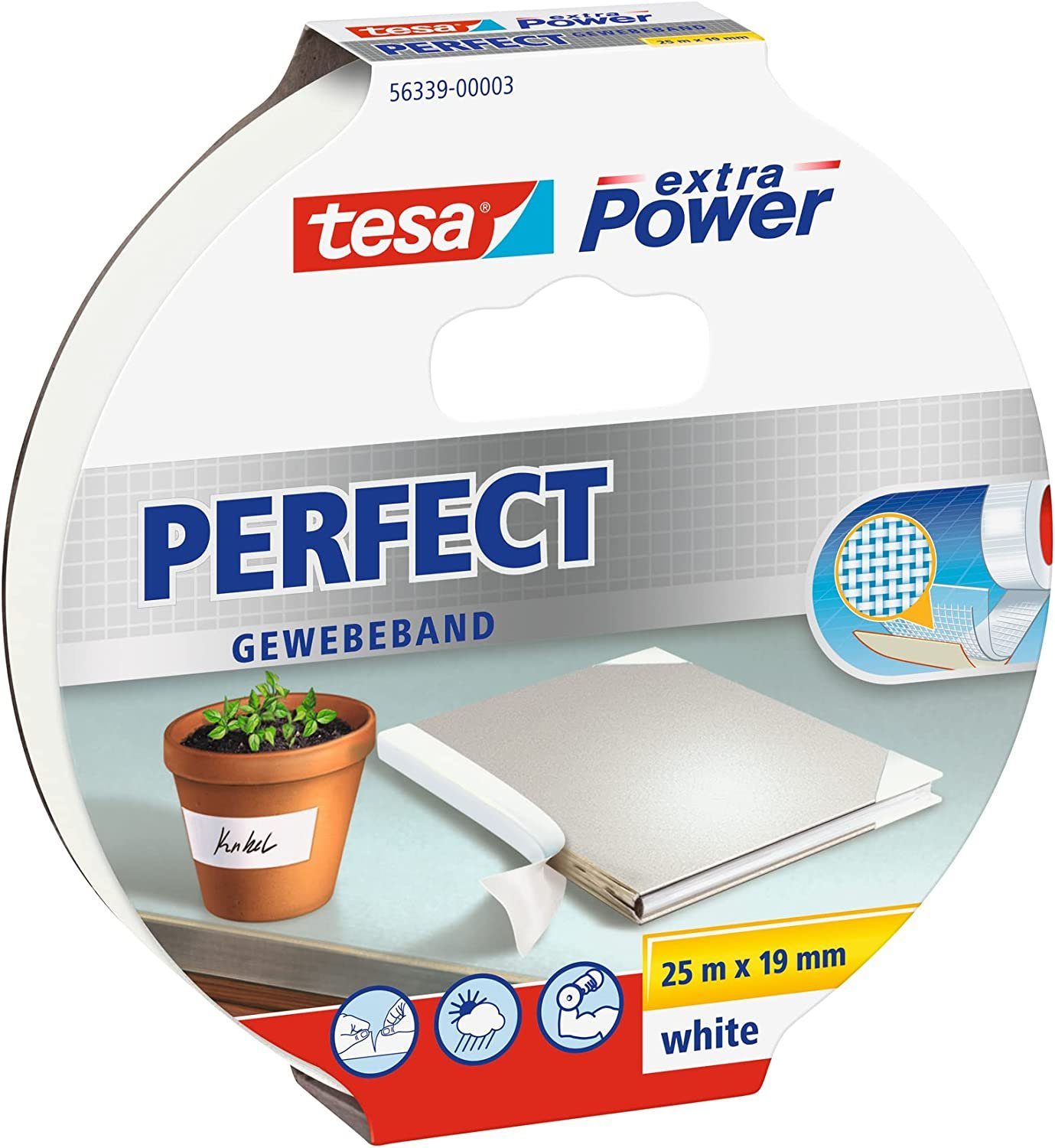 Klebeband tesa Gewebeband extra Power Perfect weiß 25 m x 19 mm