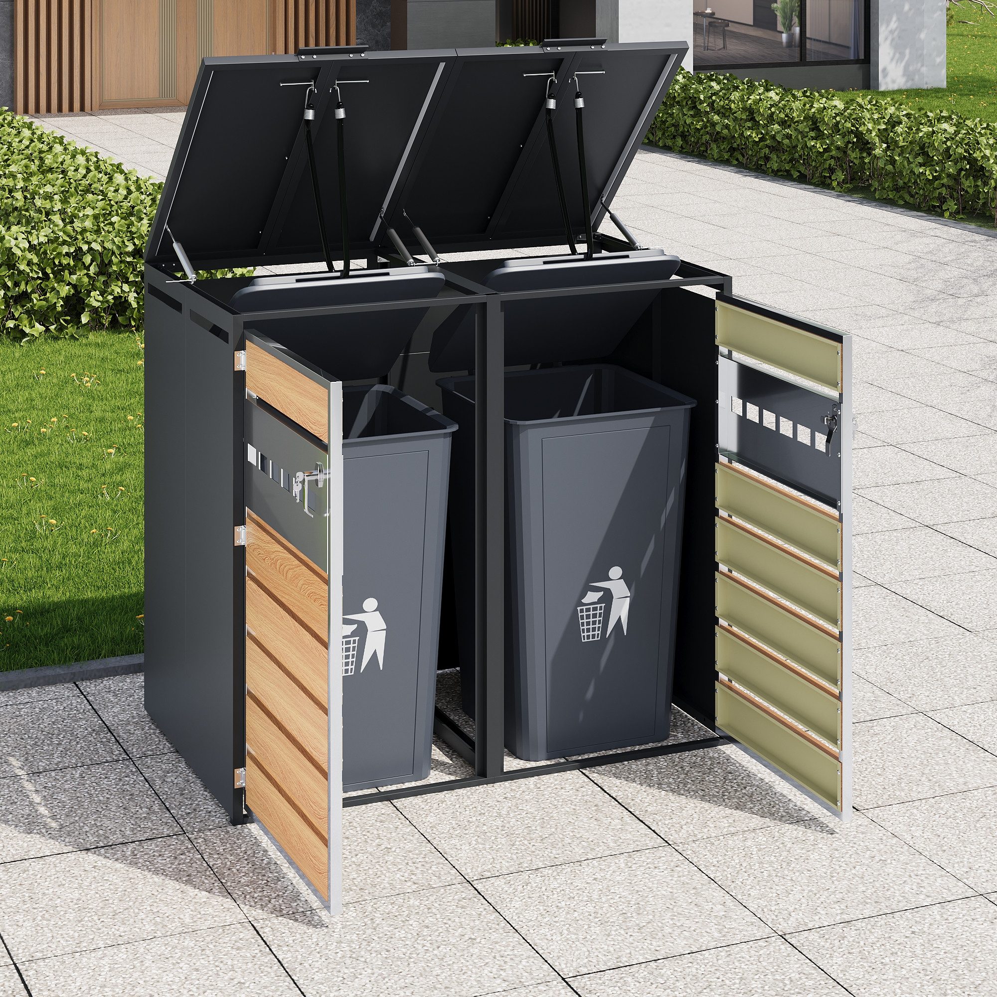 Merax Mülltonnenbox abschließbar mit Klappdeckel aus verzinktem Stahl (1 St), 2 Fächer Mülltonnenverkleidung, Holzoptik mit belüfteter Türfront