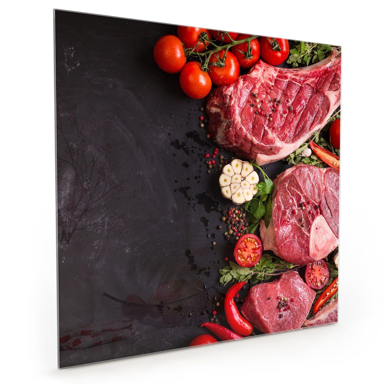 Primedeco Küchenrückwand Küchenrückwand Spritzschutz Glas mit Motiv Steak und Gemüse