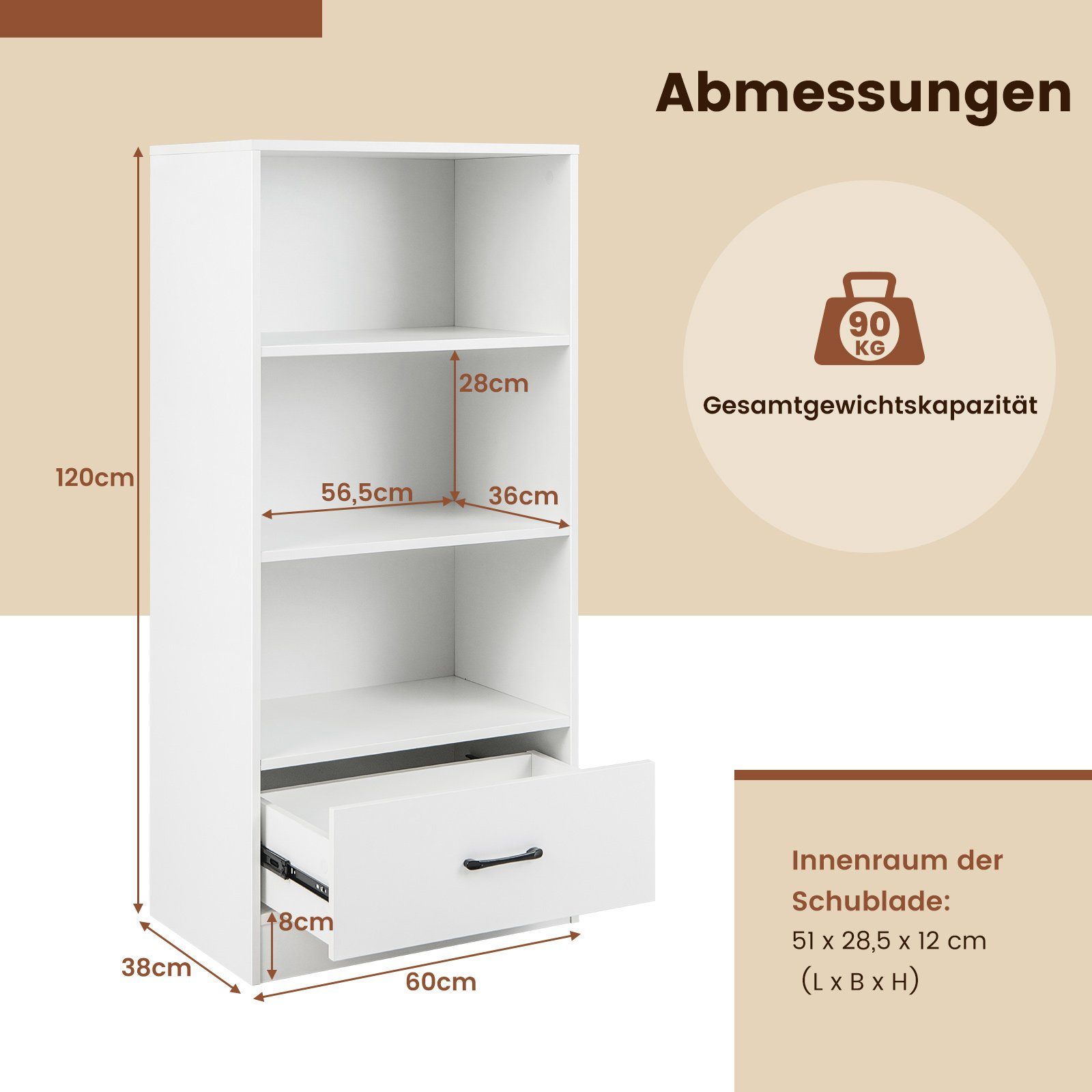 COSTWAY Bücherregal, Standregal & weiß weiß Schubladen | mit 3 60x38x120cm großer Fächern