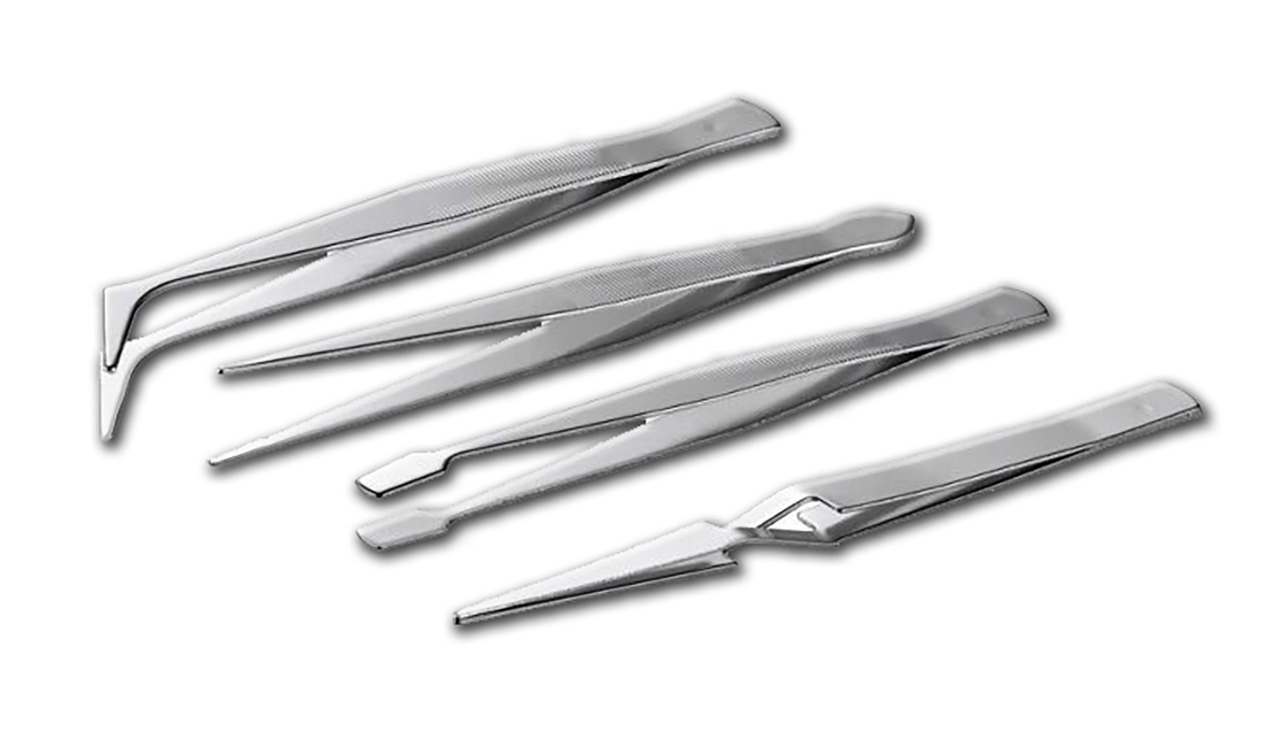 Kinzo Pinzette PINZETTEN SET 4-tlg. Pinzette Spitzpinzette gebogen Flachpinzette 05, 4-tlg., Kreuzpinzette