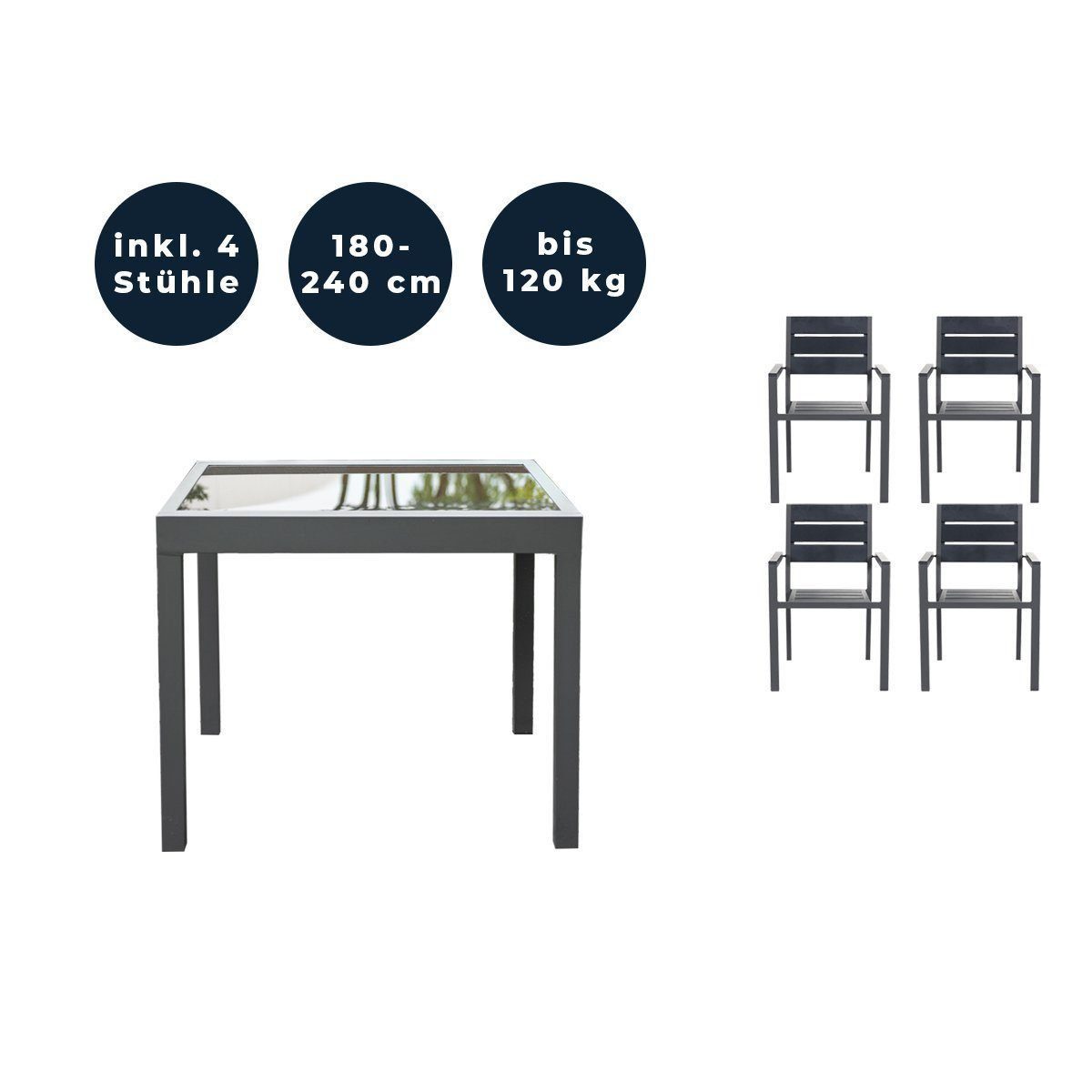 HOME DELUXE Sitzgruppe VERANO MADERA, (5-teilig, 1 Gartentisch, 4 Gartenstühle), im Set Tisch mit 2, 4, oder 6 Stühle Gartenstühle ausziehbarer Tisch