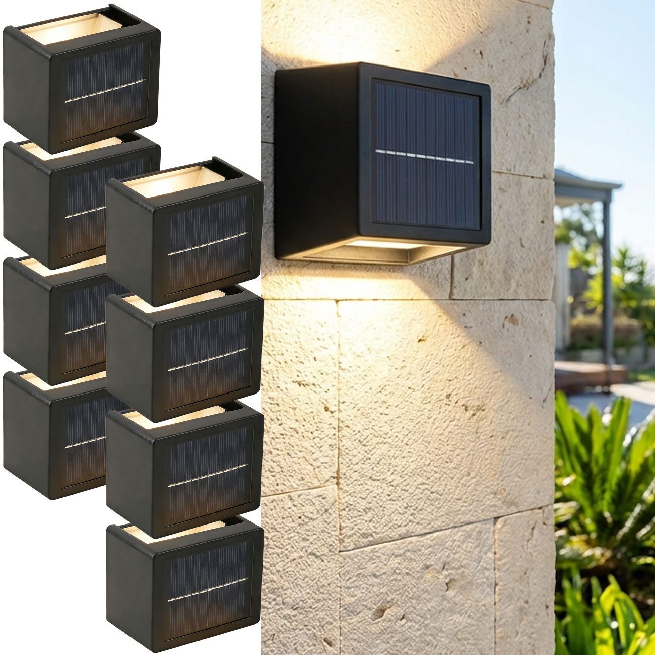 shop'n smile ideoon LED Außen-Wandleuchte Solarleuchten Outdoor mit Akku&Sensor IP44 Deko Strahler 12 LEDs, 12 LEDs pro Leuchte, Leuchtdauer 10 St. Dämmerungssensor Warm-&Kaltweiß 12 LEDs pro Leuchte