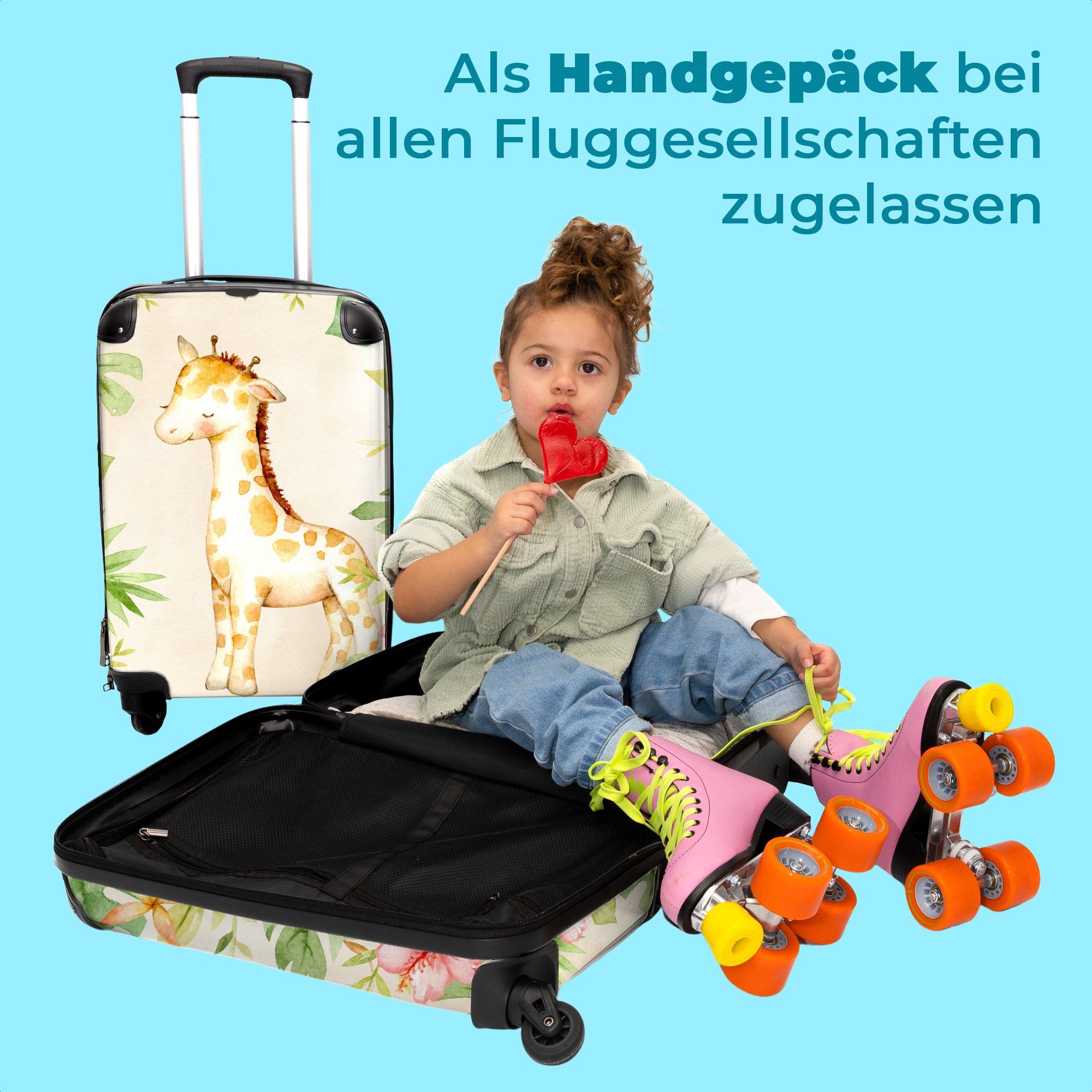 Kinder, Koffer Reisekoffer mit Dschungel 55x35x20cm Mädchen 4 für - rollen, Giraffe NoBoringSuitcases.com© Mädchen Aquarellieren - - Rollen, Kinderkoffer - Kindertrolley, 4