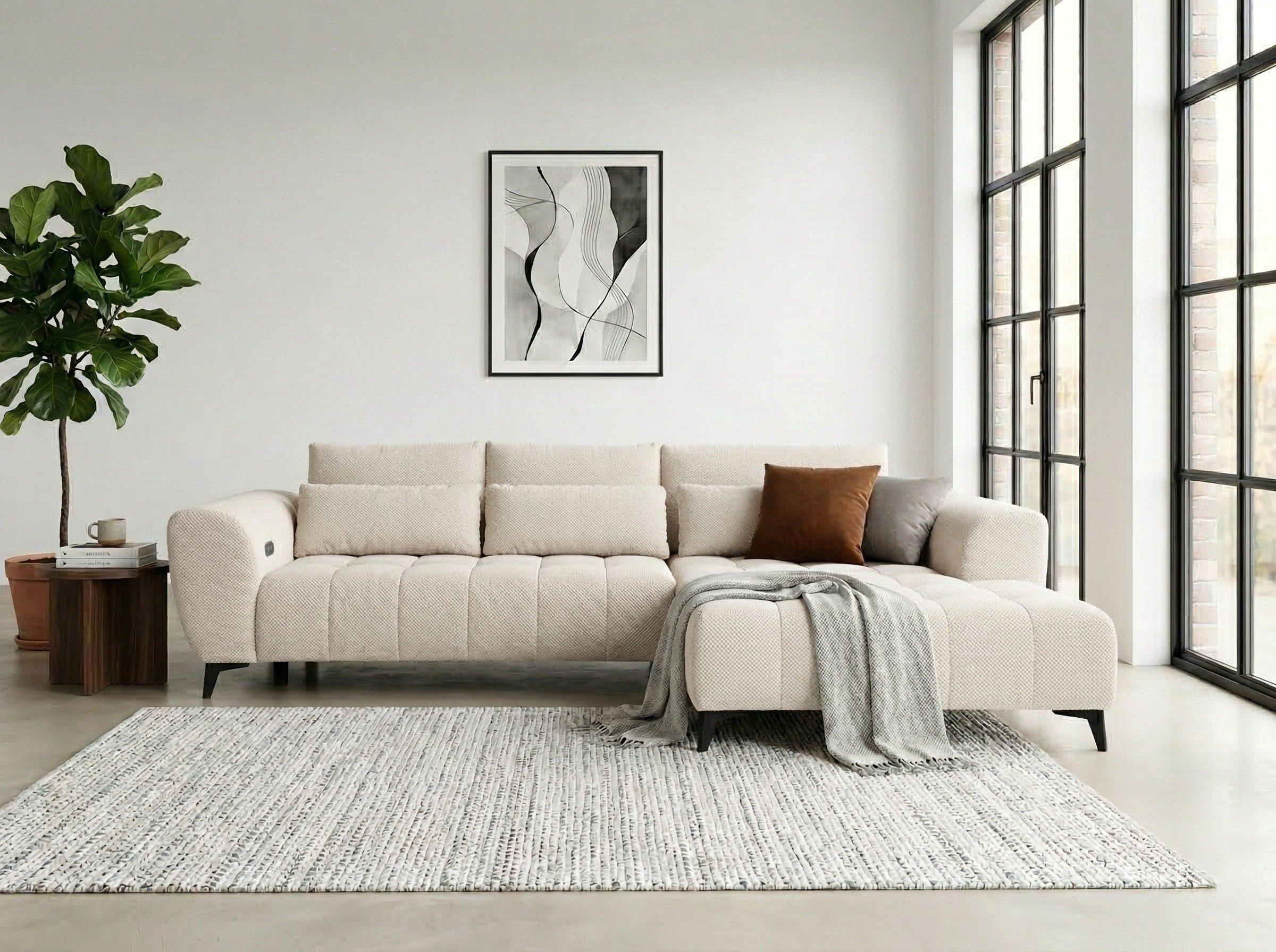 WERK2 Ecksofa Garay 287 x 220 cm elektr. Sitztiefenverstellung, bodenfrei, bequem, Waffelcord, L-Form, XXL, elektrische Sitztiefenverstellung