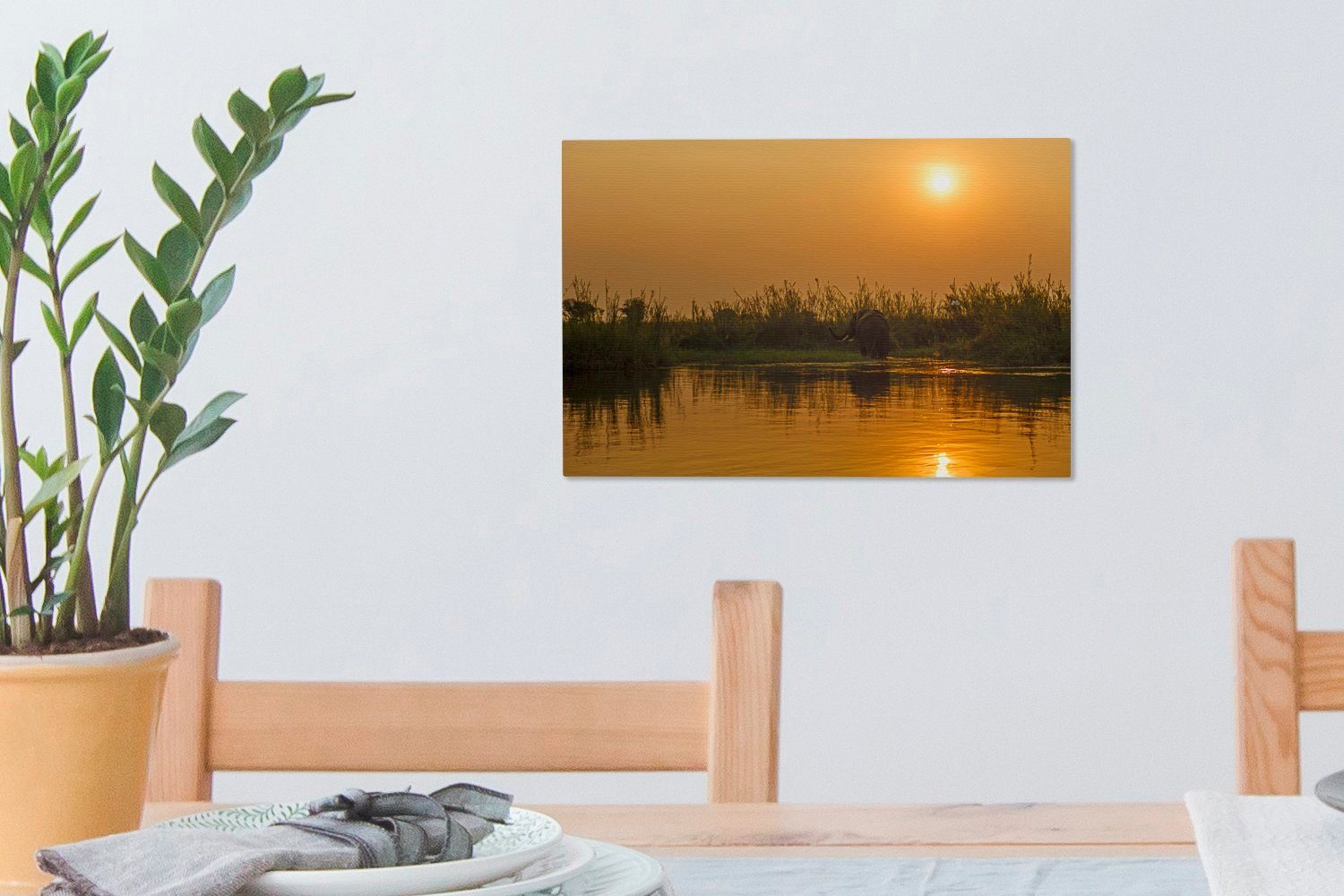 Wandbild 30x20 St), (1 Leinwandbild Sonnenuntergang Wanddeko, cm Zambezi OneMillionCanvasses® des Sambesi-Flusses entlang im Aufhängefertig, Leinwandbilder, Lower National,