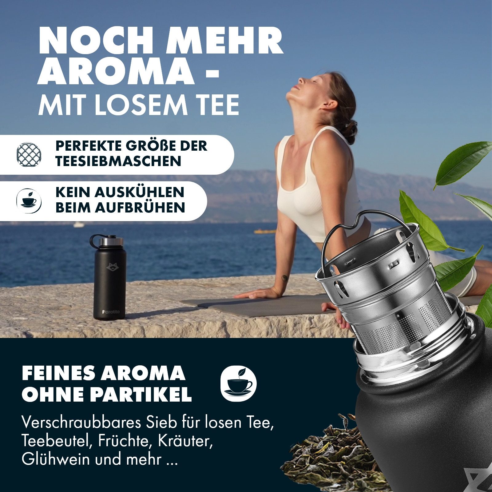 Paratito Isolierflasche Paratito® Thermosflasche mit Teesieb - Teeflasche mit Sieb To Go 1L, BPA-frei, Edelstahl, Liter, Teesieb